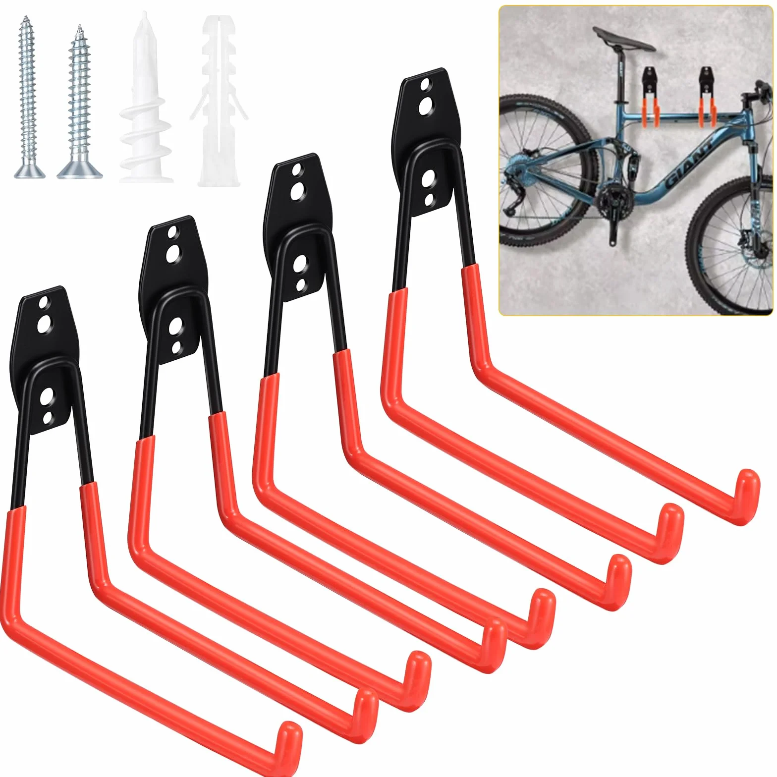 4 Ganchos de Garaje Resistentes para Colgar Herramientas, Ganchos de Almacenamiento para Garaje, Ganchos Garaje para Montaje en pared para Organizar Herramientas de Garaje y Jardín (naranja)