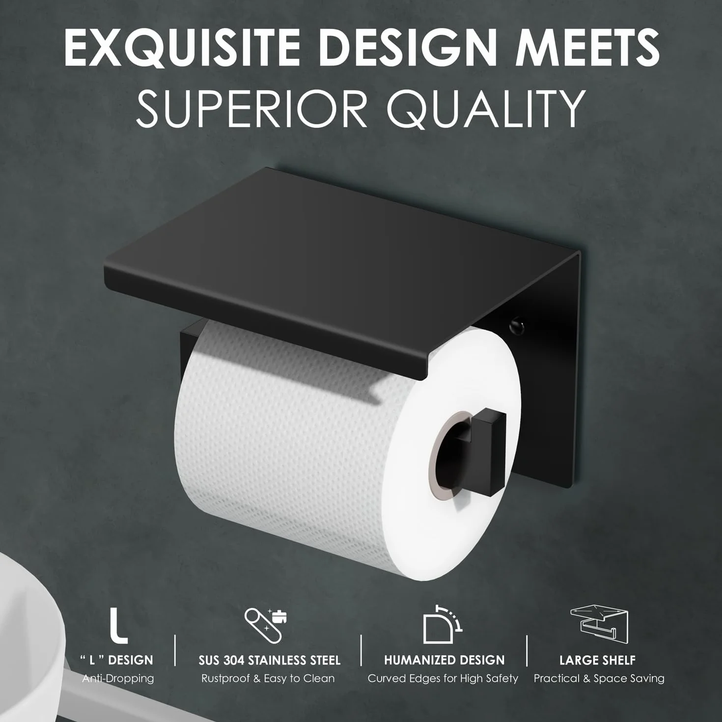 Auxmir Portarrollos Papel Higienico, Portarrollos Baño Adhesivo, Acero Inoxidable, Porta Rollos de Papel Higienico con Estante de Almacenamiento, Soporte Papel Higienico para Cocina, Baño, Negro