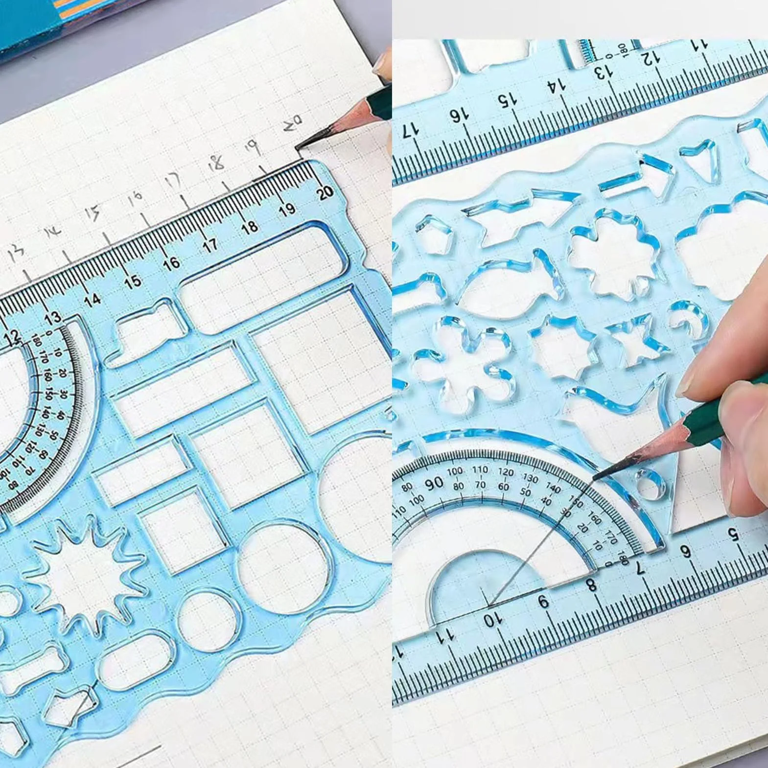 Reglas Geométricas y Plantillas de Círculo 7 Piezas para Dibujo, Regla Plástica, Herramienta de Medición Niños Azul