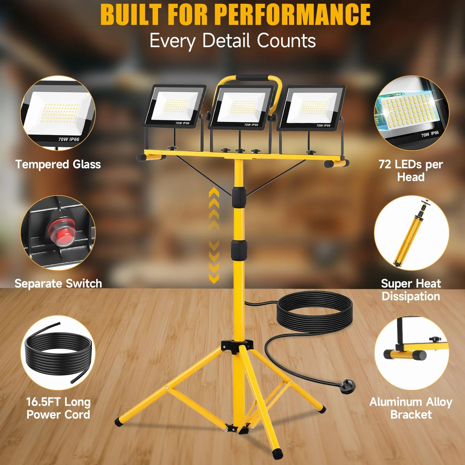 210W Foco led Trabajo con Trípode, 21000LM 6500K Lámpara de Trabajo con Cable de 5m Interruptor Individual, IP66 Lámpara Impermeable para Obras/Talleres/Garajes Altura Ajustable 200cm