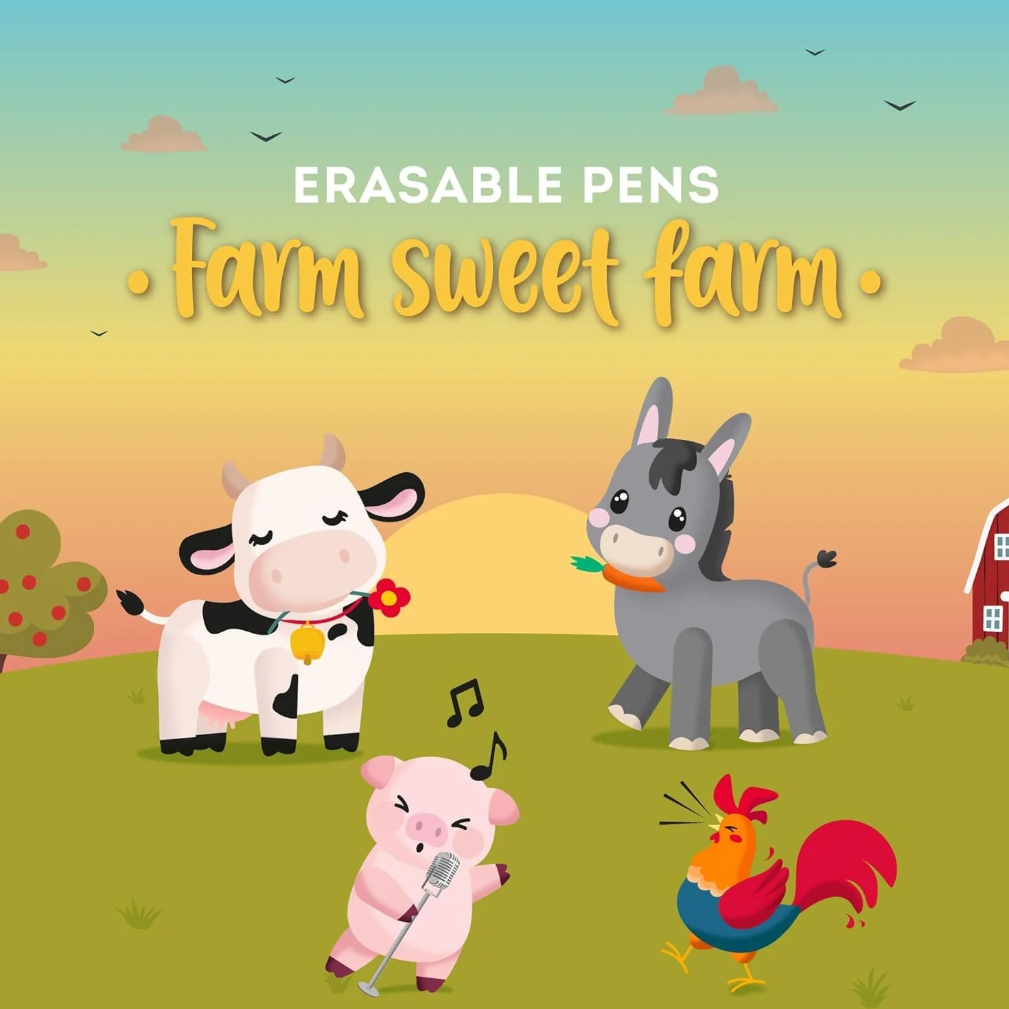 Legami Set de 4 bolígrafos de gel borrable Farm Sweet Farm, tinta termosensible, 0.7 mm, negro, rosa, verde, rojo