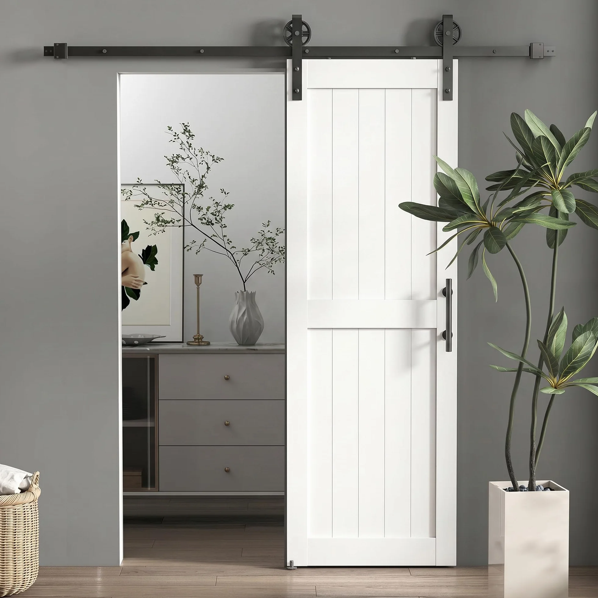 HOMCOM Puerta Corredera de Granero con Herrajes 71,5x213,4 cm Puerta Corredera de Interior con Manija Rodillo y Guía de Suelo Mejorados para Baño Salón Sala de Estar Blanco