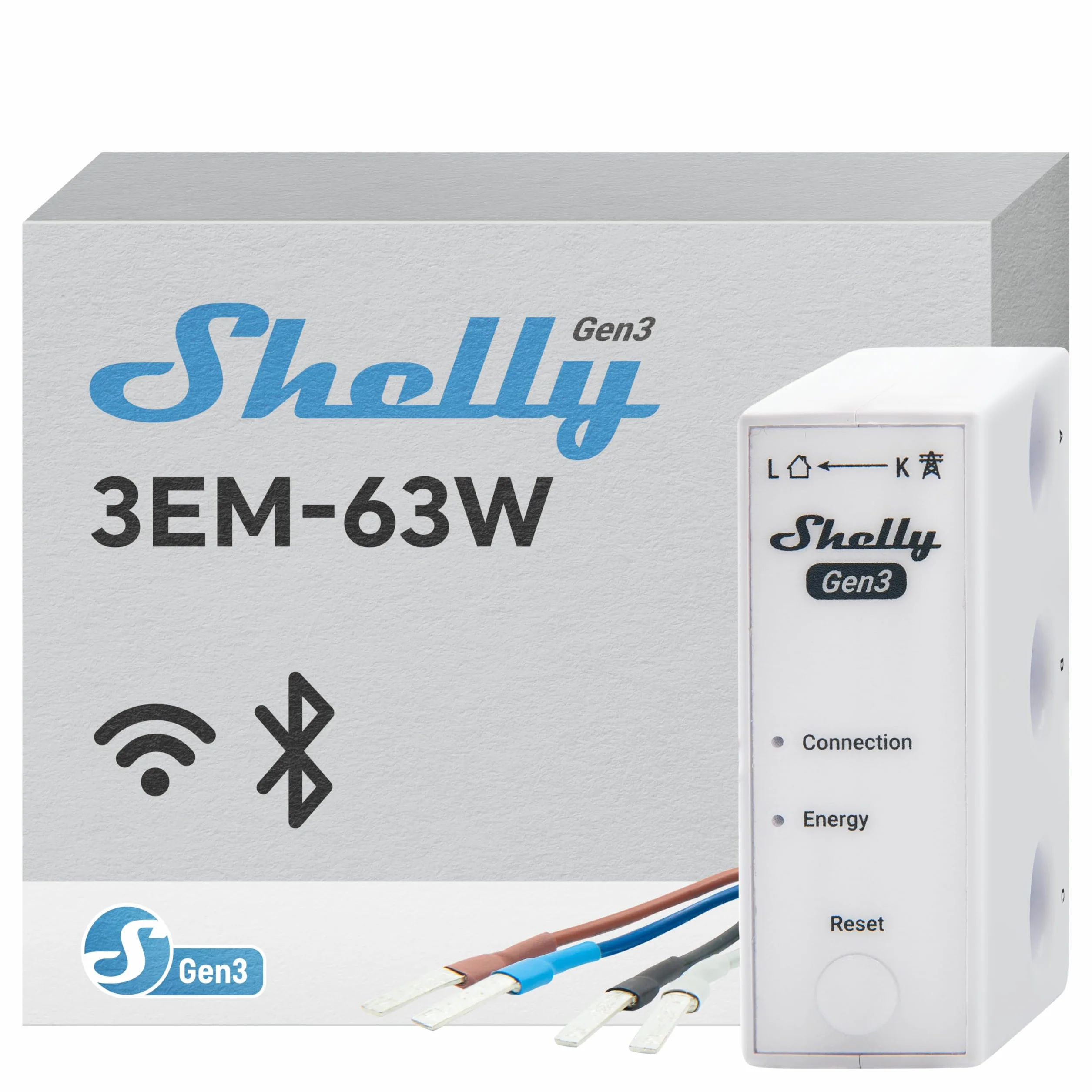 Shelly 3EM-63W Gen3- Wi-Fi & Bluetooth, Supervisión de Energía, Medición de Corriente Sin Contacto, Compatible con Fotovoltaicos, Instalaciones Trifásicas o Monofásicas, Reloj en Tiempo Real, iOS