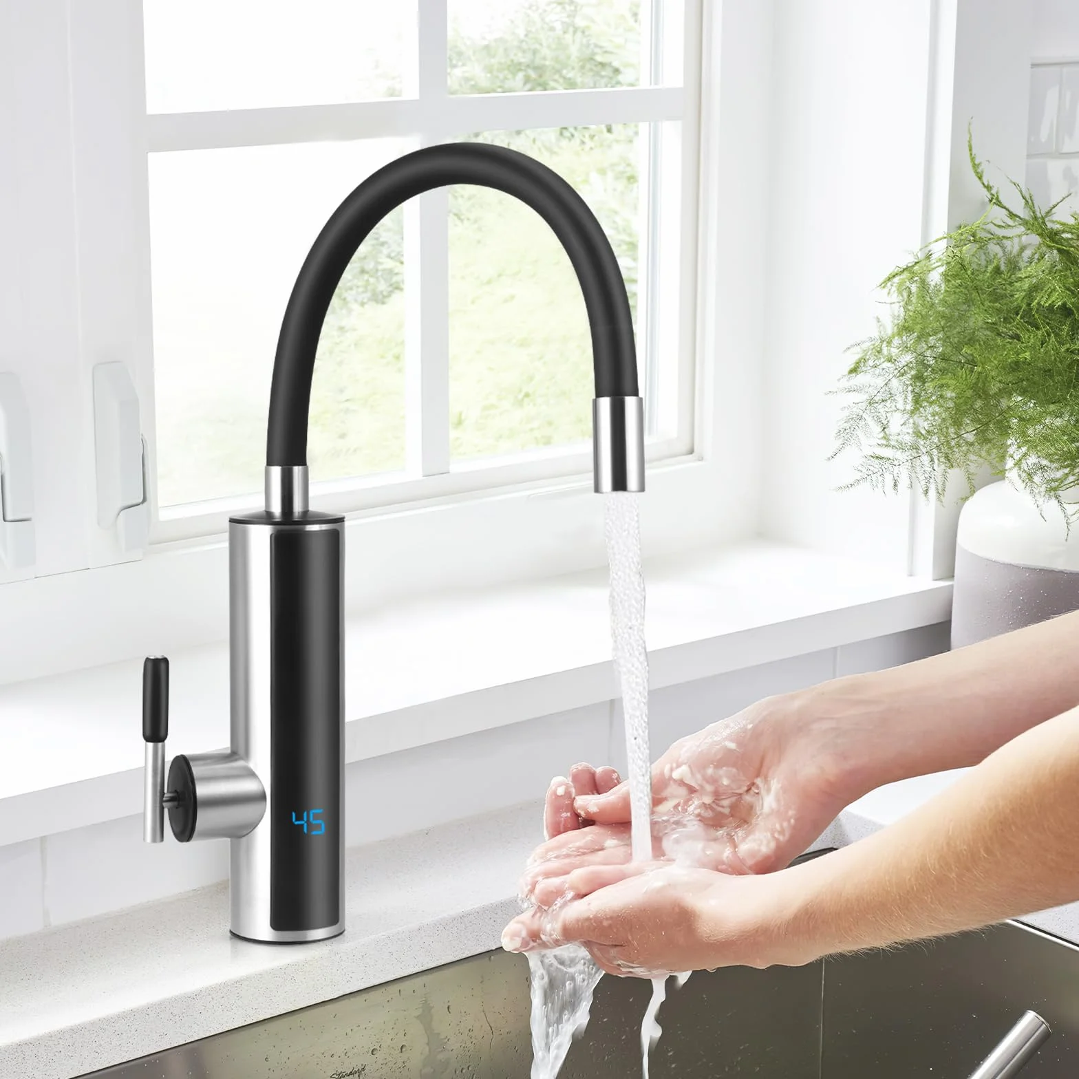 Calentador de Agua Electrico Instantaneo, 3000 W Grifo de Cocina con Indicador de Temperatura LCD, 360° Flexible Rotación, para Cocina Jardín Baño