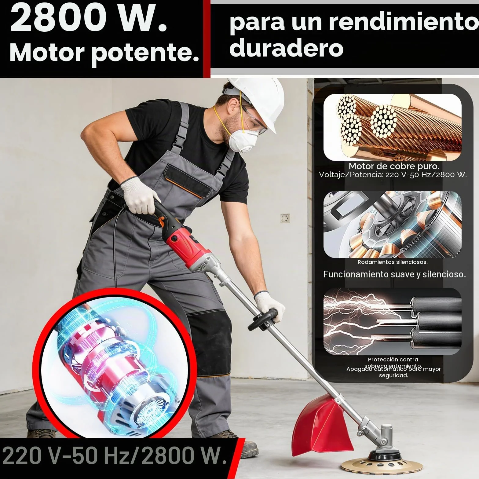 Amoladora de Hormigón Eléctrica de 1,5 M, Lijadora de Hormigón Eléctrica 2800W, Pulidora Suelos, Lijadora de Paredes y Techos, con Plato Lijador 180 mm, Cepillo 200 mm, Para Paredes y Metal