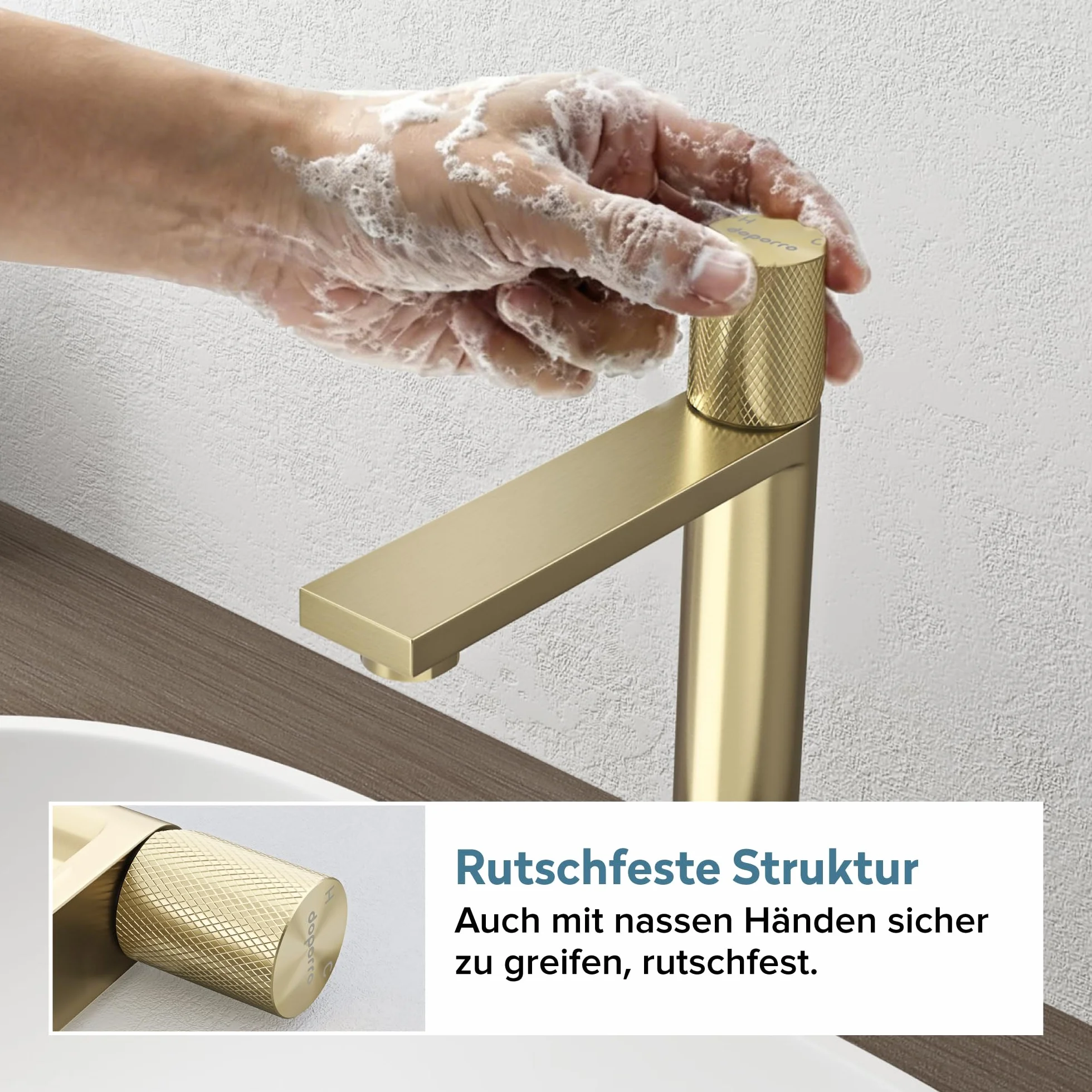 doporro Grifo Alto de Lavabo de Acero Inoxidable 304, Acabado Oro Cepillado, Cartucho Cerámico, Altura 29 cm, Aireador Desmontable, Fino-01H