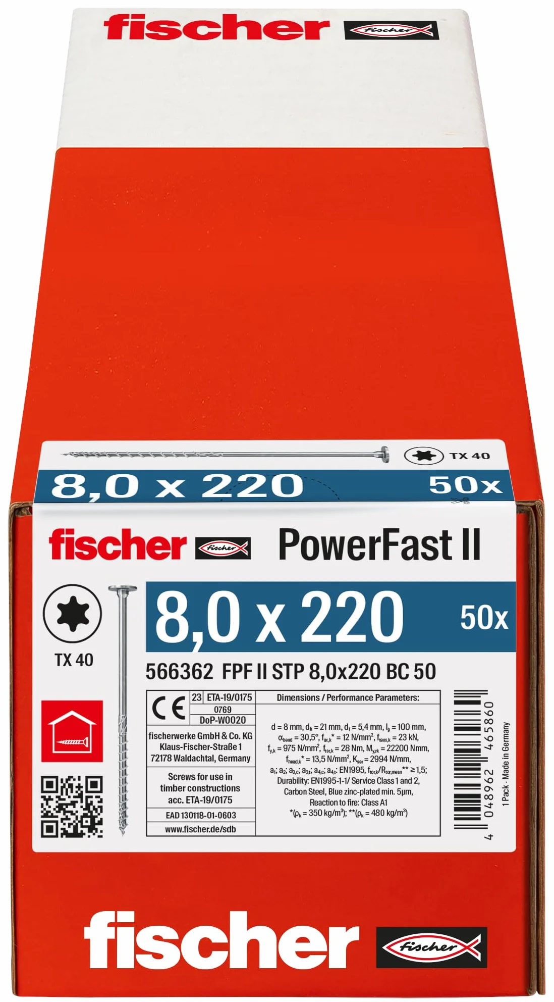 fischer PowerFast II 566362 STP - Tornillo para madera (8,0 x 220, 50 unidades), color plateado