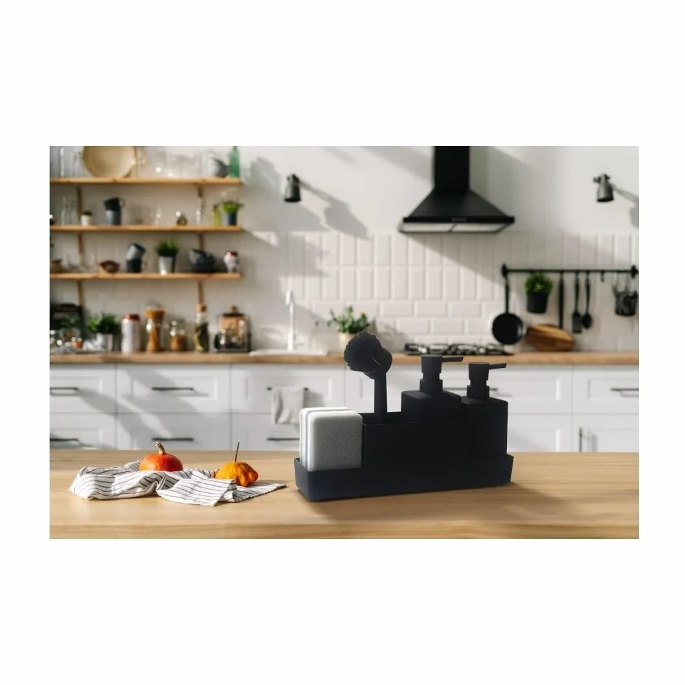 Organizador de cocina con 2 dispensadores de jabón 350 ml, soporte de esponja y bandeja de goteo, plástico ABS