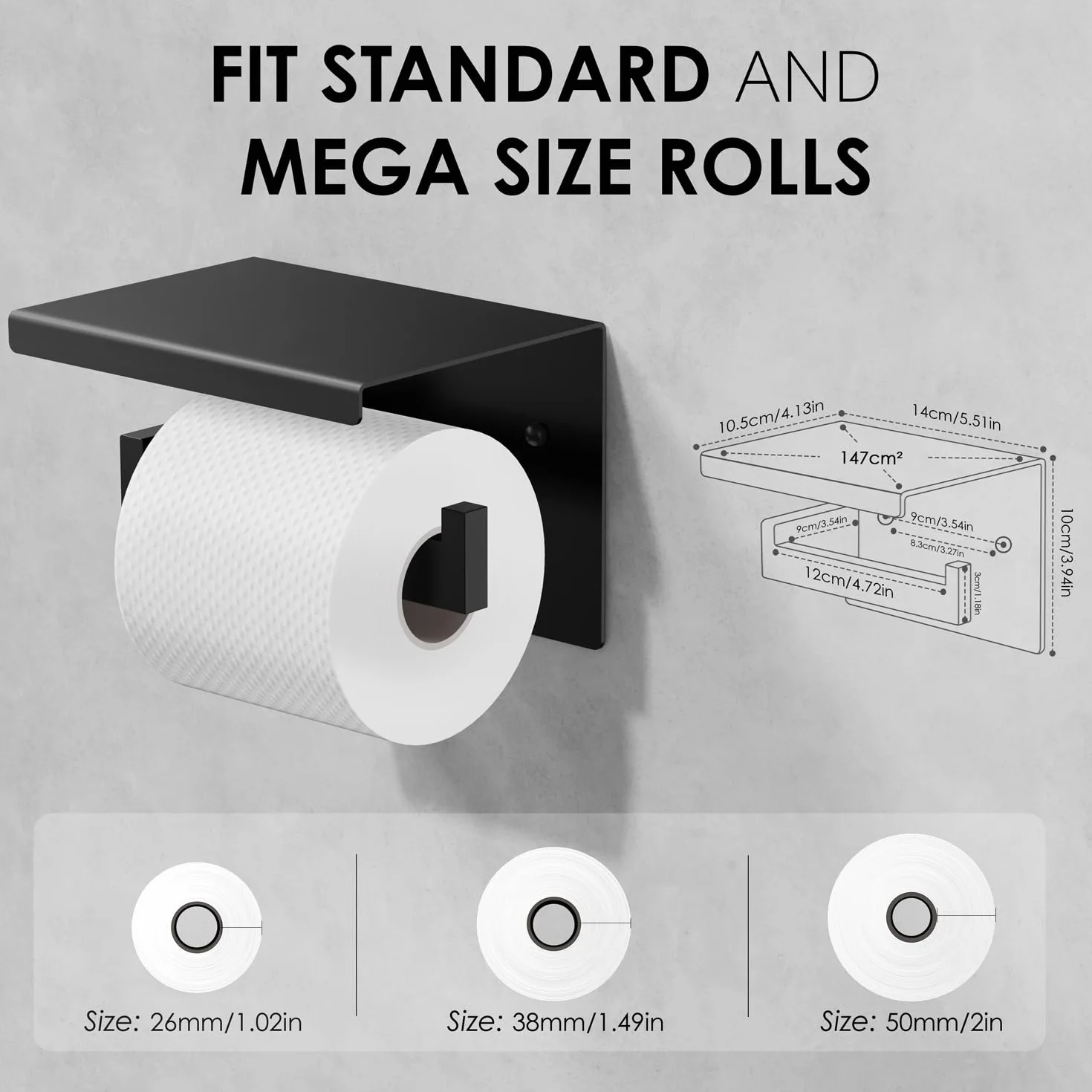 Auxmir Portarrollos Papel Higienico, Portarrollos Baño Adhesivo, Acero Inoxidable, Porta Rollos de Papel Higienico con Estante de Almacenamiento, Soporte Papel Higienico para Cocina, Baño, Negro