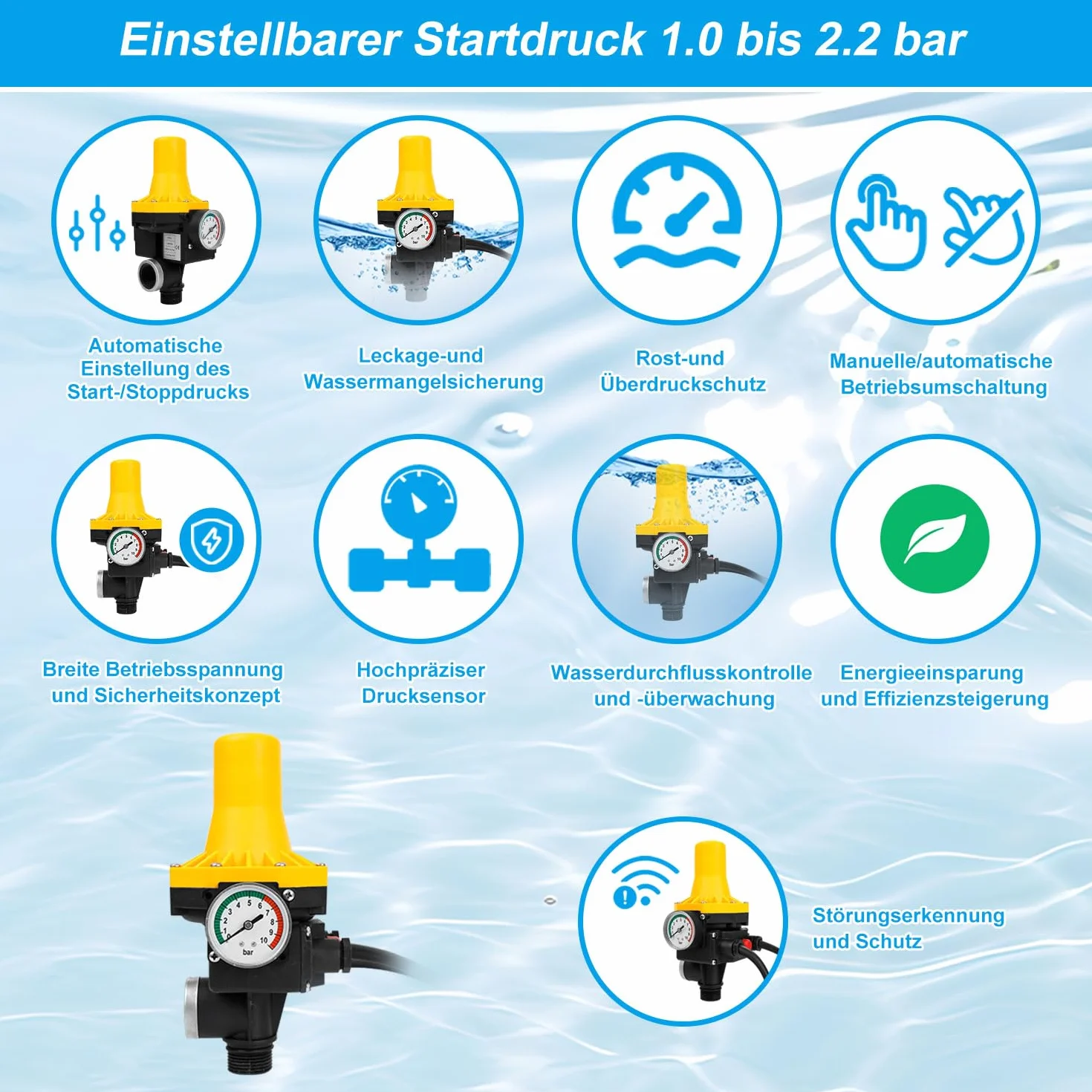 Control electrónico de bomba 1100W 9000 l/h - Presostato para agua - Controlador de presión de 10 bar con cable - Interruptor de presión IP65 para bombas de agua - Supervisa el flujo de agua