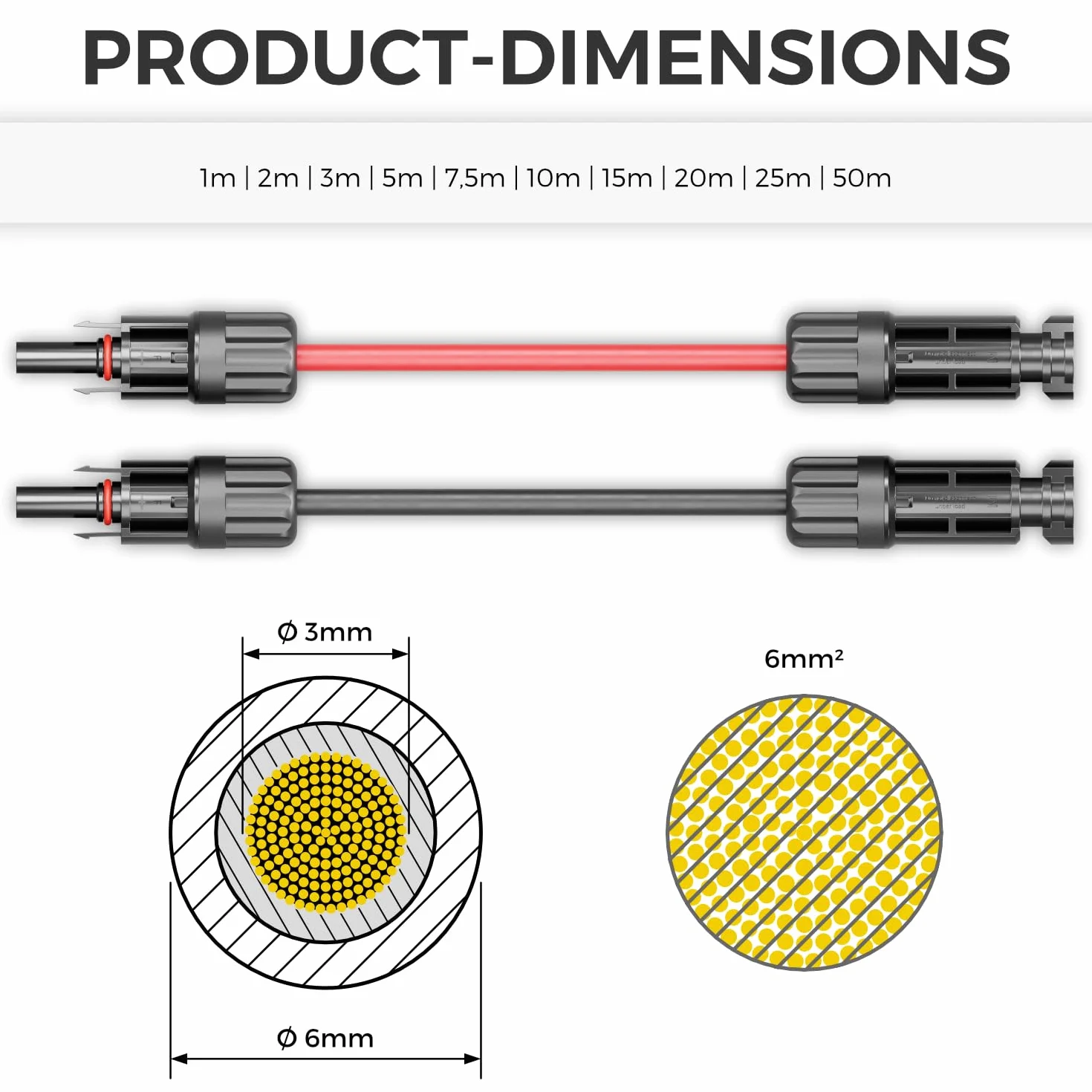 deleyCON Cable Solar PV4 7,5m 6mm² Extensión Juego para Sistemas Fotovoltaicos IP68 1kV CA 1,5kV CC Resistente Intemperie UV
