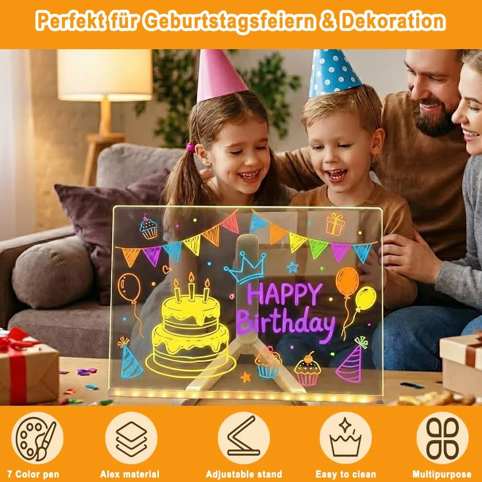 Pizarra LED Transparente Tablero de Mensajes Doodle Glow 7 Colores Bolígrafo Soporte Ajustable