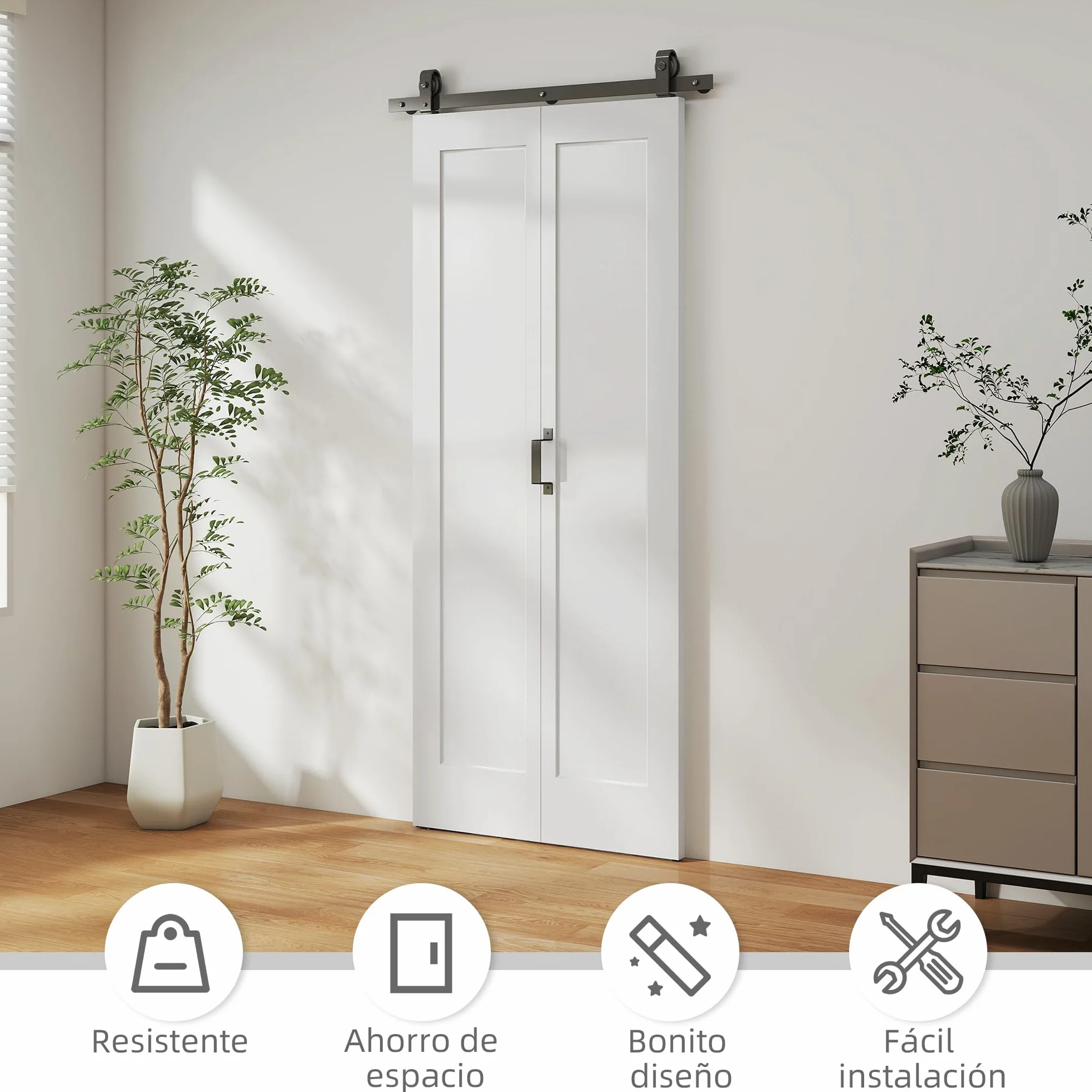 HOMCOM Puerta Corredera con Herrajes Puerta Plegable Corredera con Acabado Personalizable Tirador Fácil Montaje para Baño Salón Sala de Estar Cocina 90x210 cm Blanco