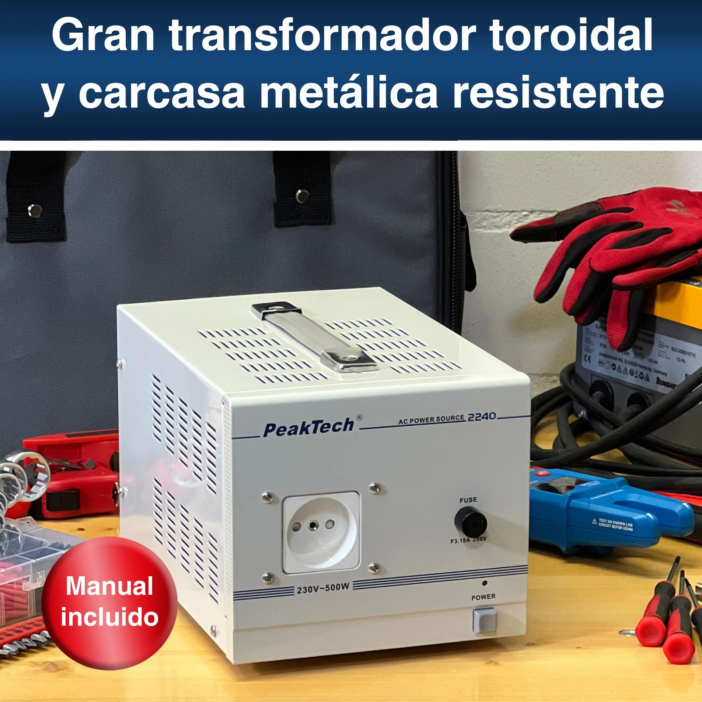 PeakTech 2240 - Transformador de Aislamiento, Dispositivo de Medición, Toroidal, Galvánico, Clase de Protección 1, Uso Móvil, Voltaje de Entrada 230 V, Potencia de Salida 500 W - 160 x 125 x 235 mm