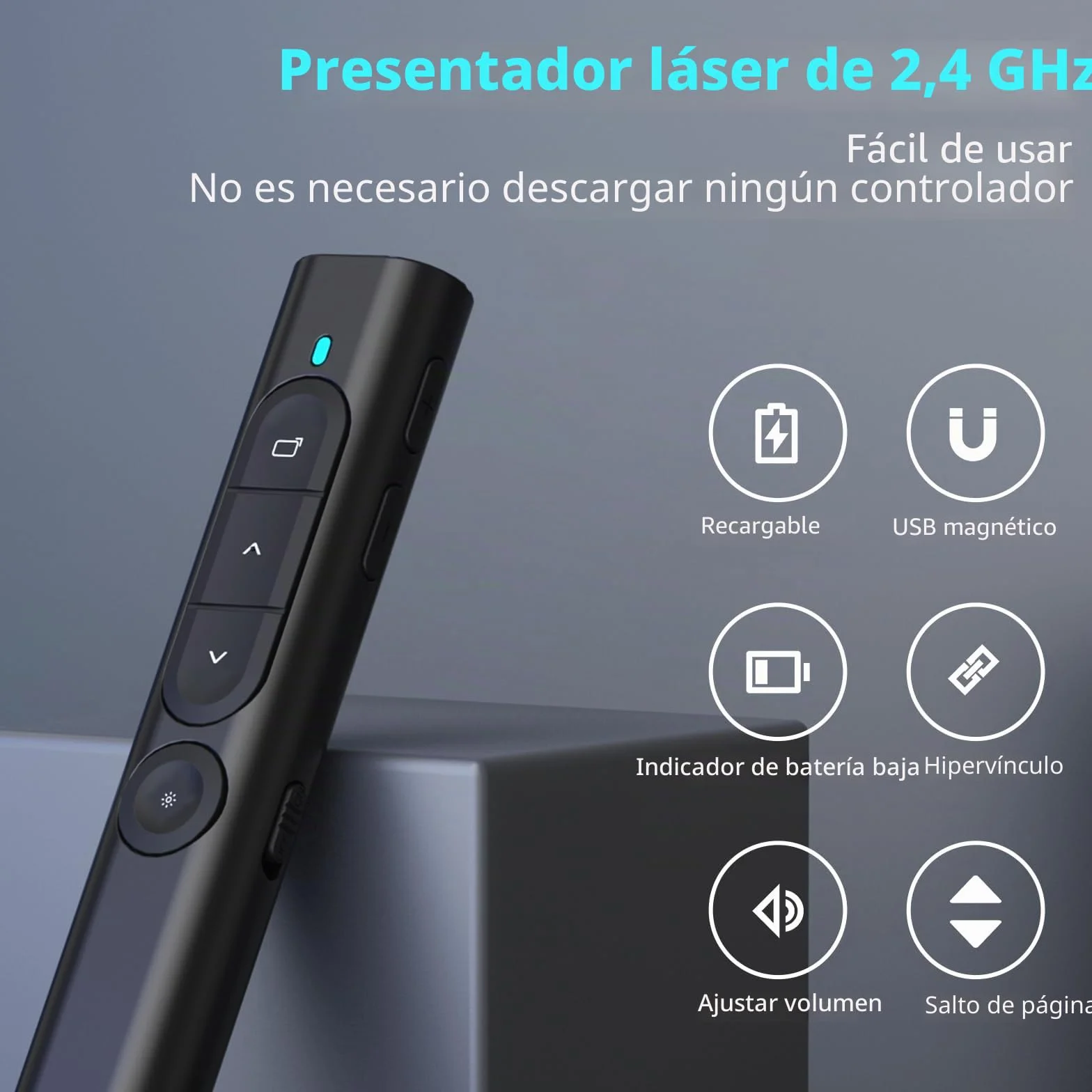 elzle Presentador Inalámbrico para PowerPoint, Control Remoto con de Hipervínculo y Regulador de Volumen, Compatible con Mac, PC y Portátiles, para Reuniones y Conferencias - Negro