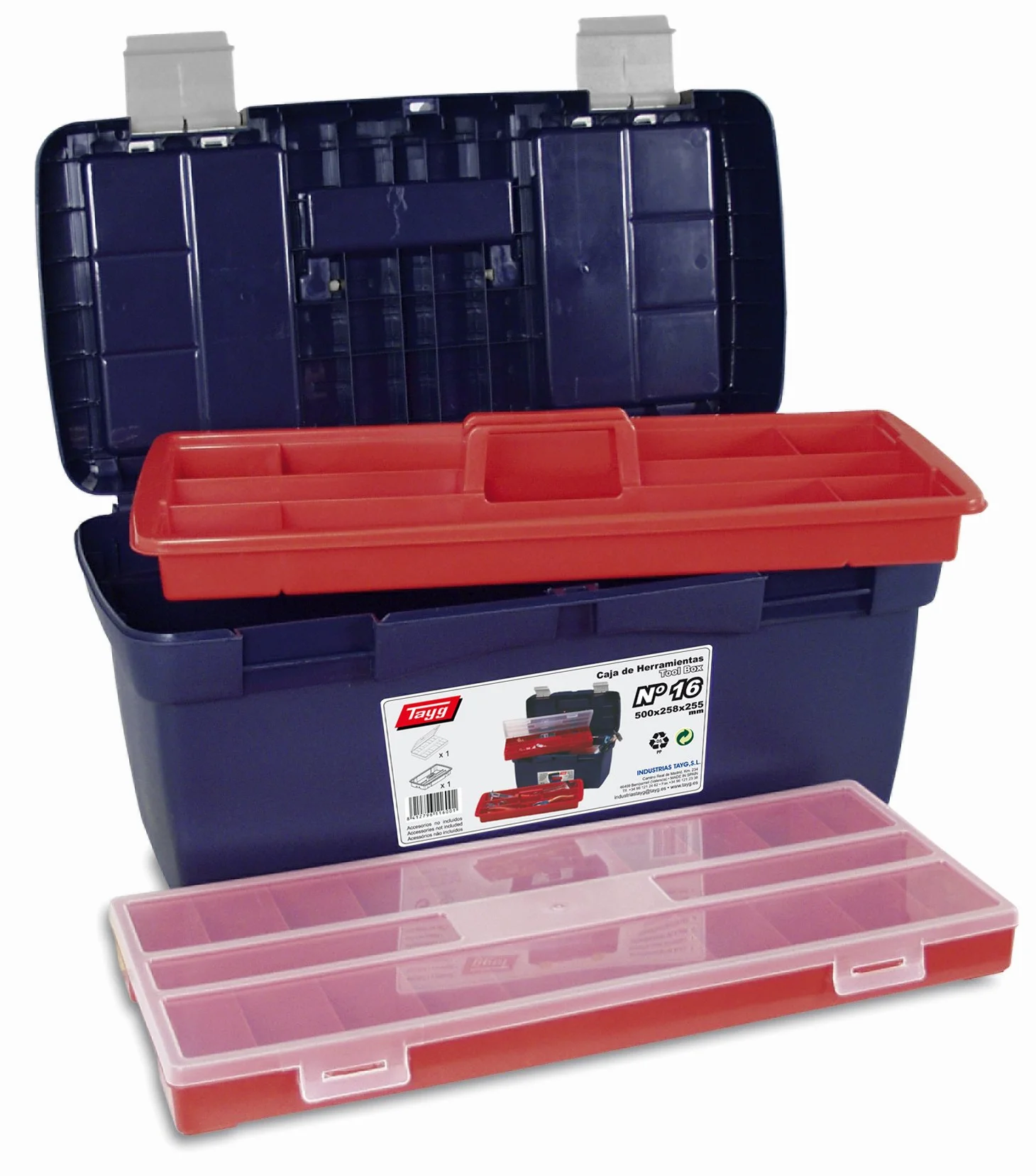 Tayg Caja Herramientas 16, Bandeja Doble Capacidad, Cierres Metálicos, Caja de Herramientas de Polipropileno, Soporta hasta 120 kg, Medidas 500 x 258 x 255 mm, Azul/Rojo