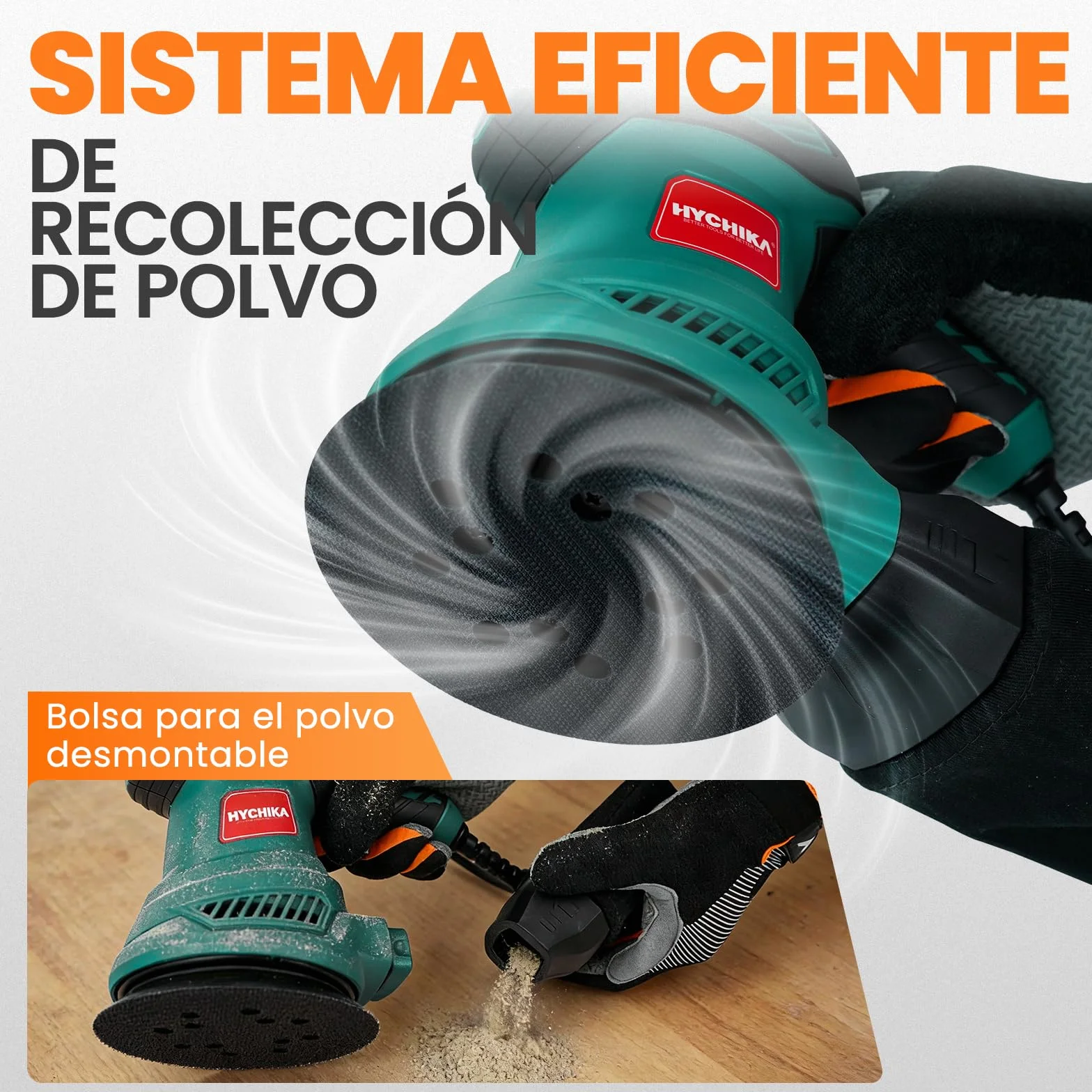 HYCHIKA Lijadora Orbital, 300W Motor Cobre Puro, 6 Velocidades 6000-13000 OPM, Bajo Ruido, Bolsa de Polvo Extraíble, Incluye 12 Discos de Lijado para Madera, Suelos y Pintura