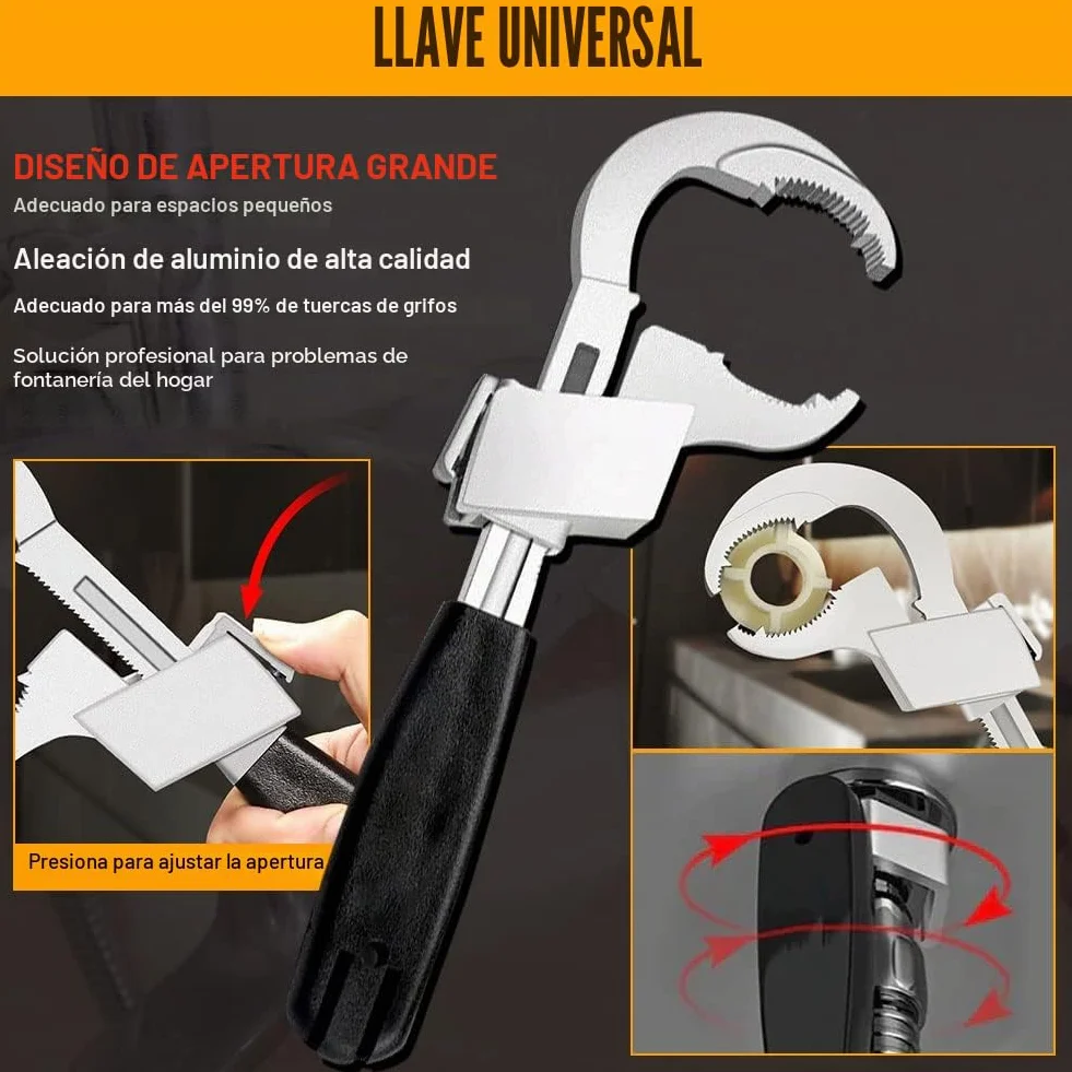 Llave universal ajustable de doble extremo, llave de doble boca ajustable multifunción con 3 cabezales de repuesto, juego de herramientas de reparación para grifo, baño, cocina