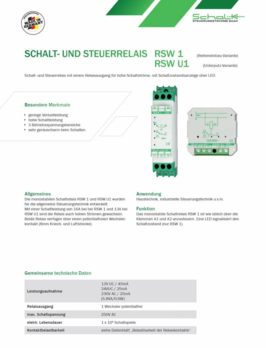 SCHALK Relé de conmutación 230 V AC, 1 inversor (UP) SCHALK RSW U1 (230 V CA)