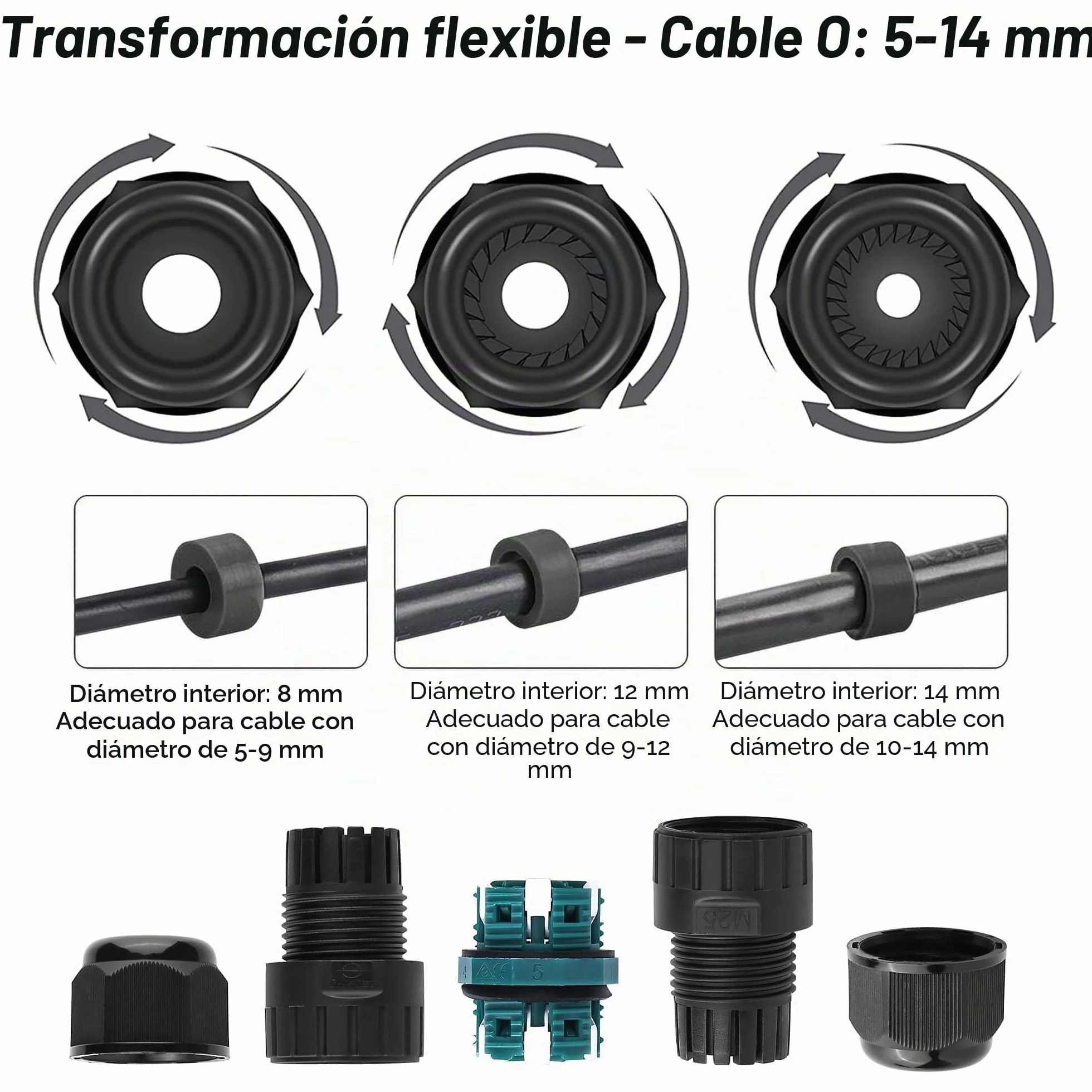 Conector de cable IP68 5 pines 5-14mm resistente al agua 3 unidades