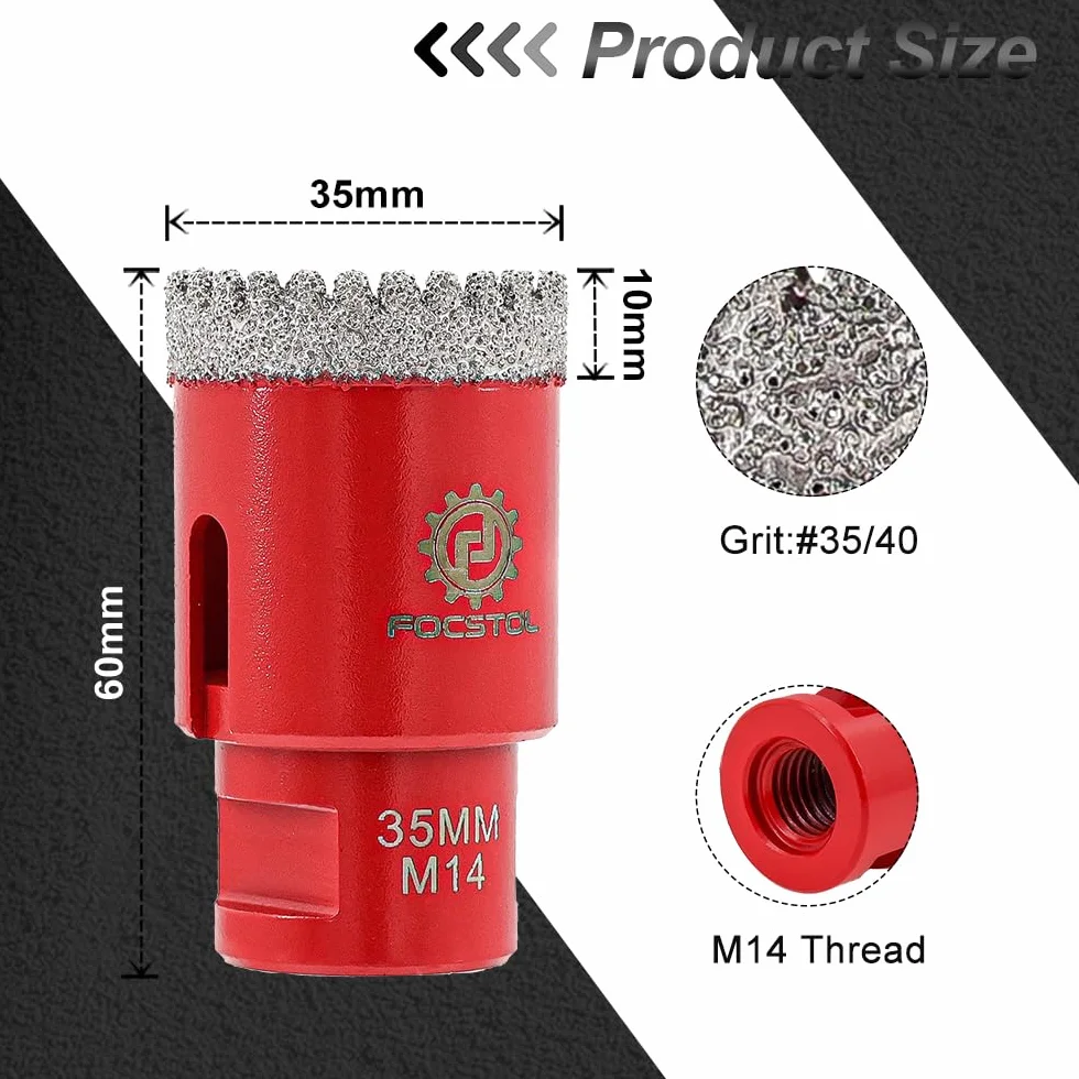 Brocas Diamante para Porcelanico 35mm - FOCSTOL Broca Corona Diamante para Gres Porcelánico Mármol Granito M14 Rosca para Amoladora Angular