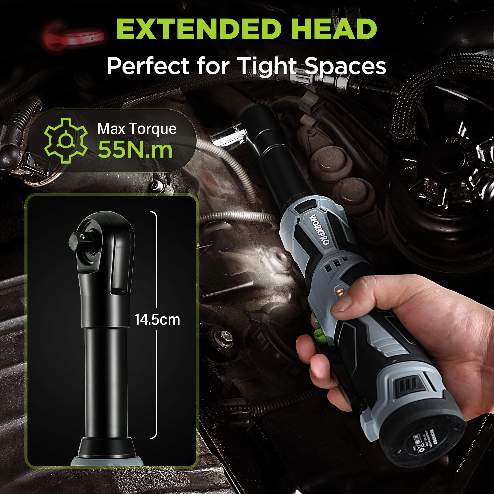 WORKPRO Llave de Carraca Eléctrica Extendida, 12V Atornillador de Impacto