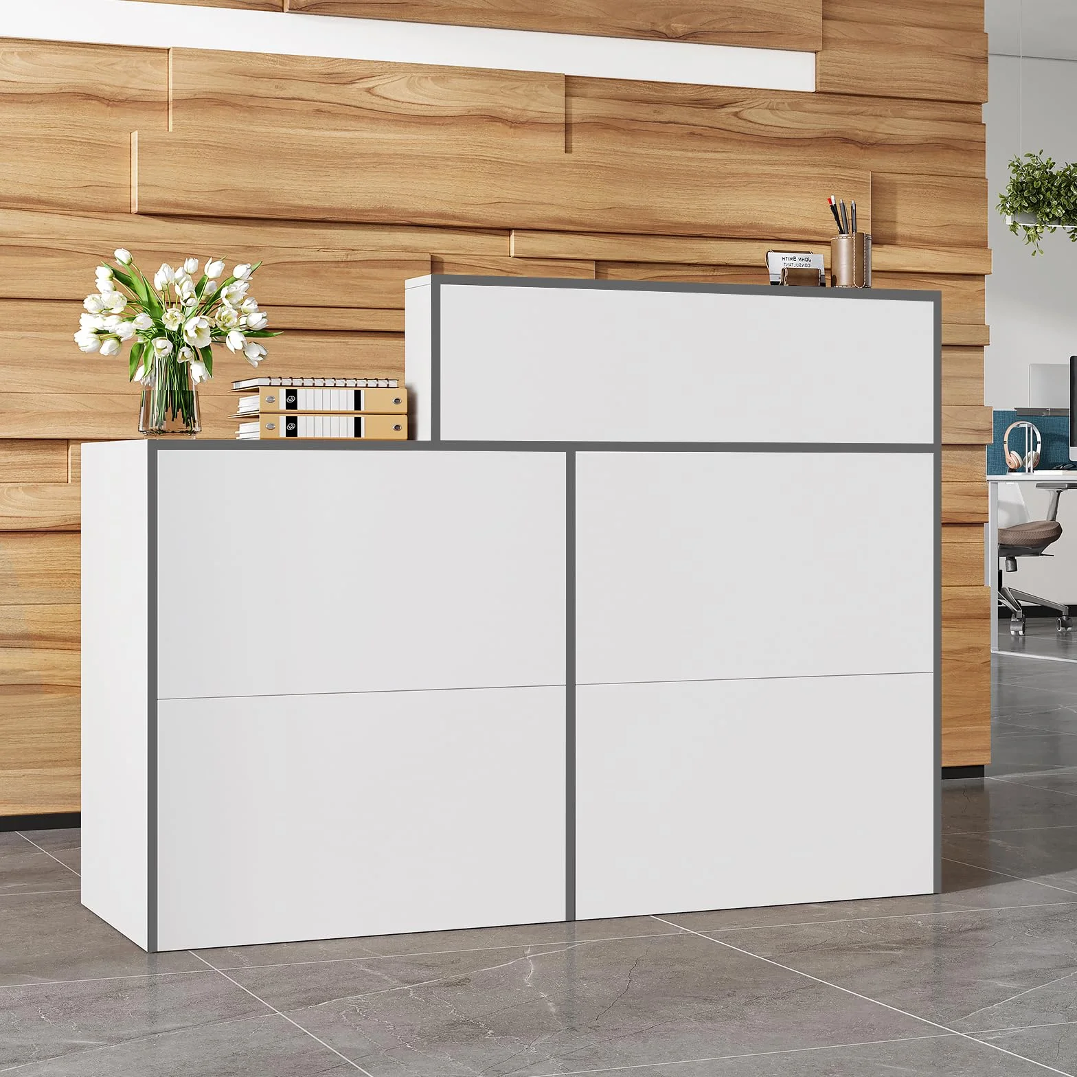 Mostrador de recepción blanco 133 x 45 x 100 cm, mesa de oficina con gran superficie de trabajo