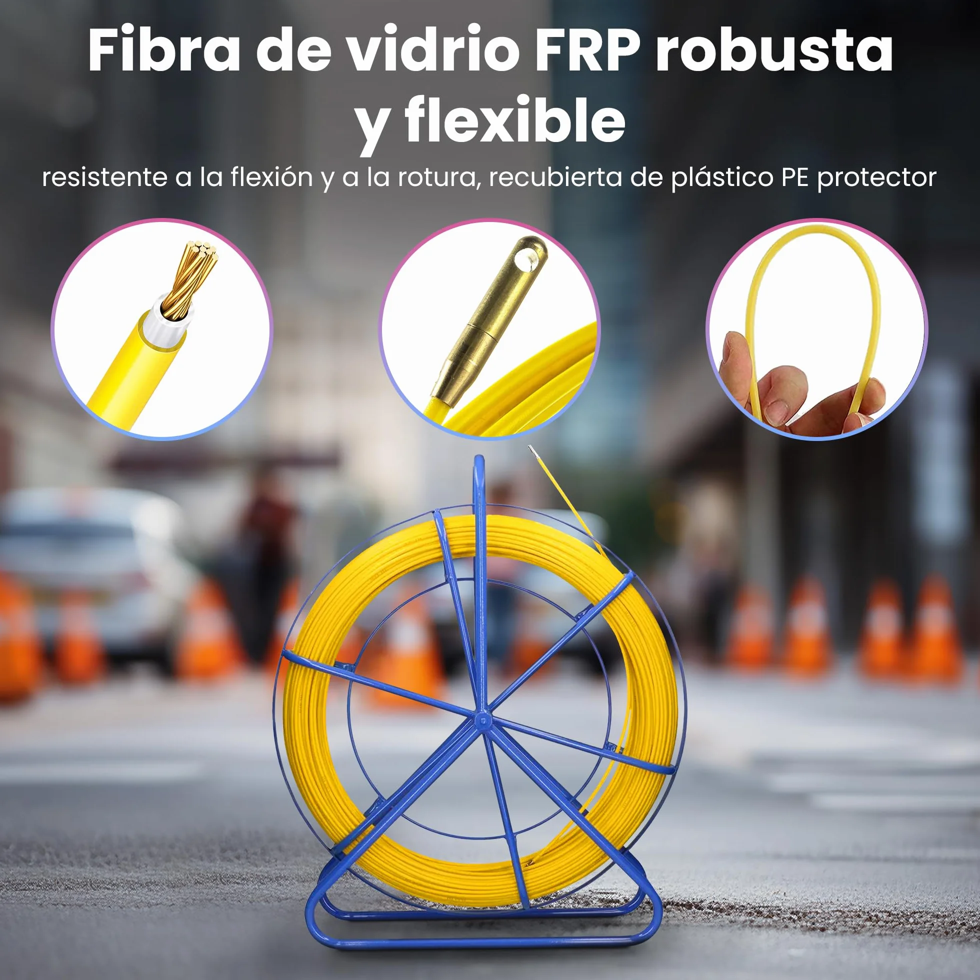 Extralink FRP varilla de fibra de vidrio de 6mm de diámetro 50m, tubo vacío con soporte para rodillos y freno, resorte retráctil con alta elasticidad y resistencia, accesorios de cable de fibra de