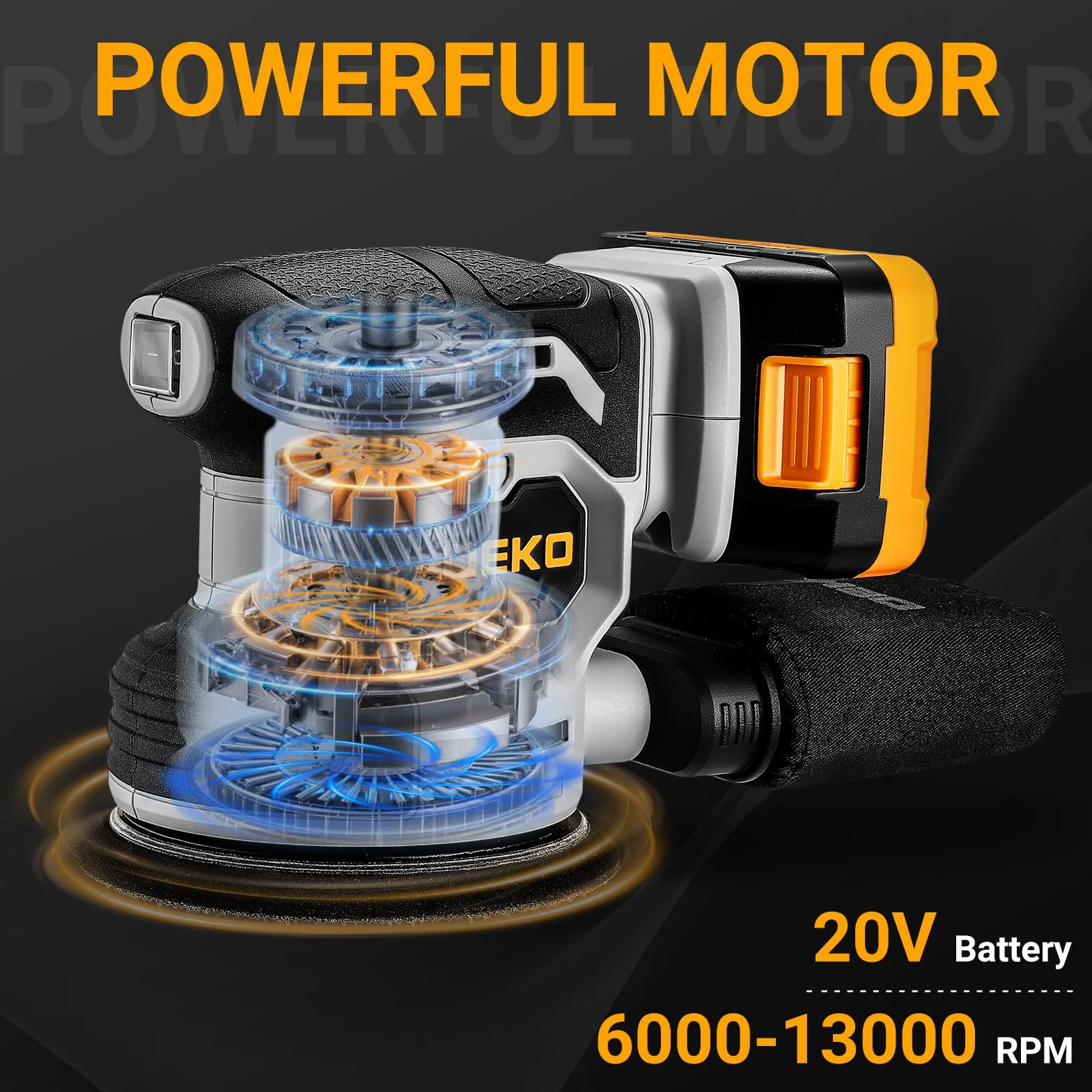DEKOPRO 20V Lijadora Excéntrica Inalámbrica con 1 Batería de 2,0 Ah, Lijadora de 125 mm Madera 13000 RPM, Incluye 15 Hojas de Lija, Apta para Proyectos de Bricolaje en Madera, Gris