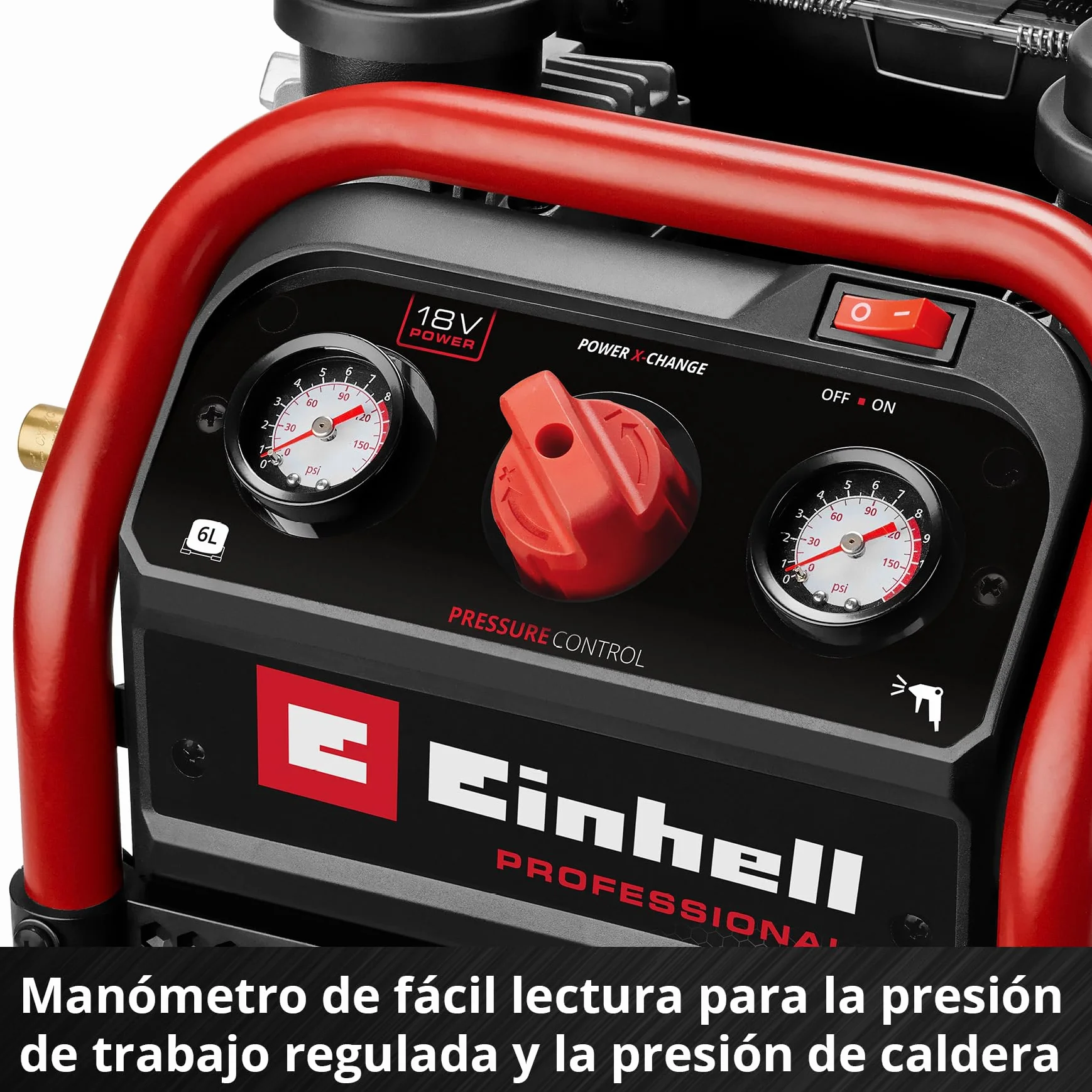 Einhell Professional Compresor con batería SILENZZO 18/160 Power X-Change (18 V, máx. 8 bar, depósito de 6 l, potencia de aspiración 160 l/min, manómetro, sin aceite, silencioso, sin batería)