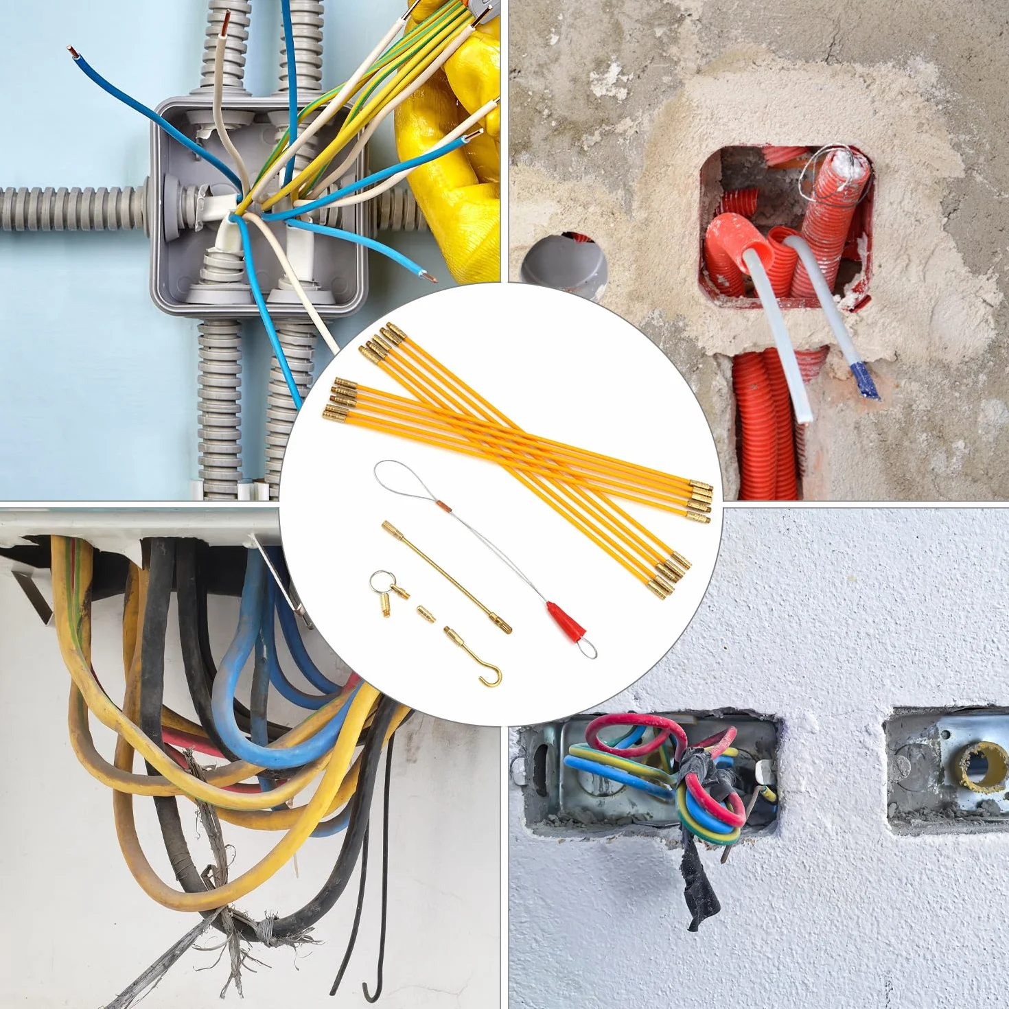 QWORK® 10 Piezas Guia Pasacables Fibra de Vidrio, Extractor de Cables con Gancho, 33 CM Juego de Varillas de Cable