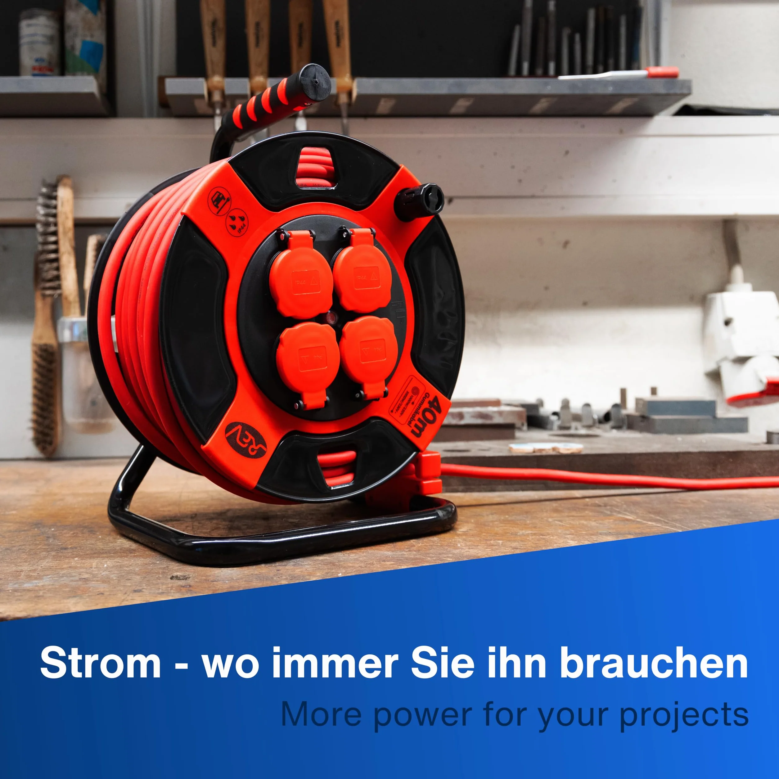 REV Carrete de cable EX, 40 m, H07RN, IP44, 3000 W, cable de extensión, exterior, 4 enchufes, interruptor térmico, rojo | Carcasa robusta | Cable: H07RN – ideal para exteriores