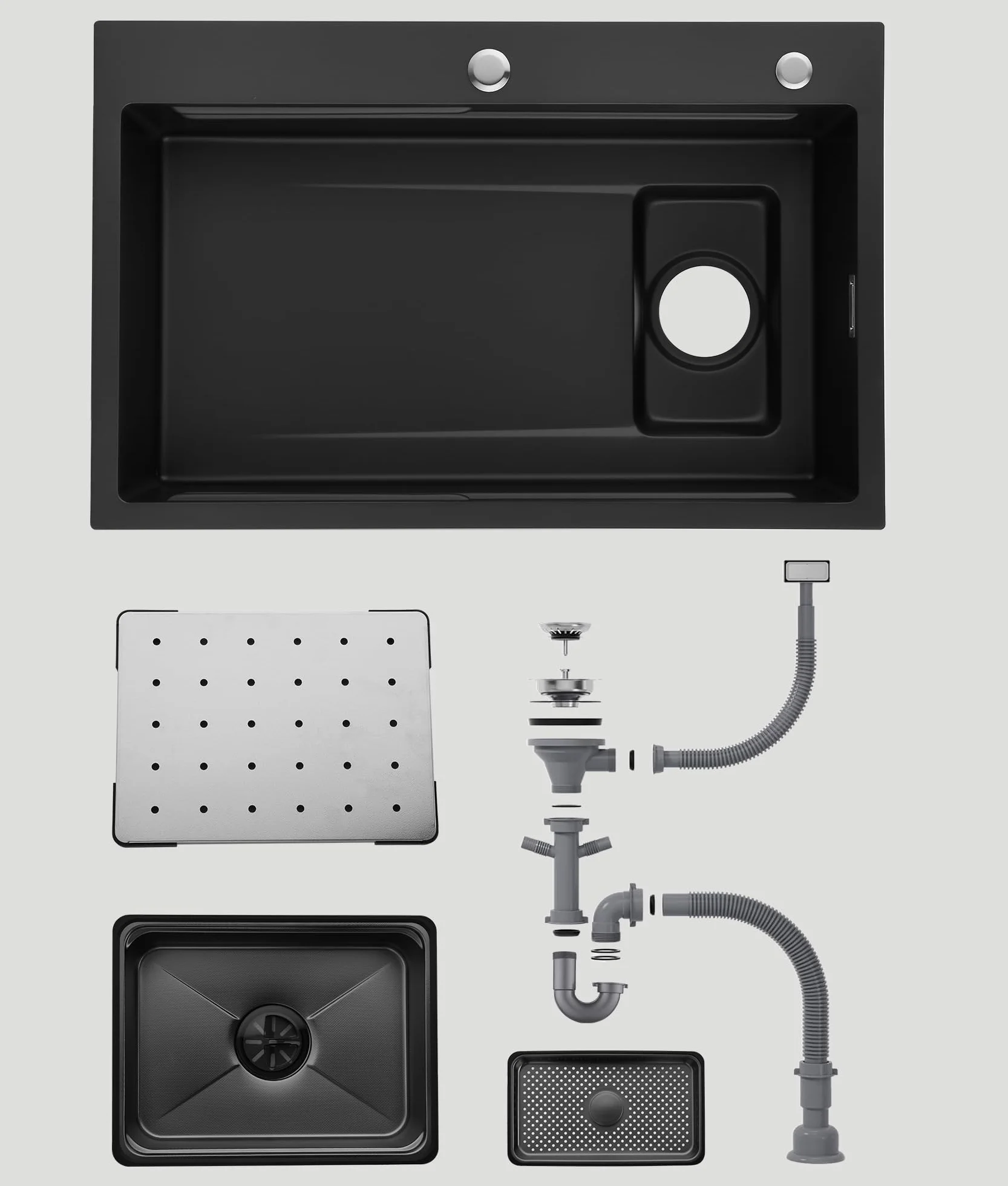 Fregadero Cocina Negro Acero Inoxidable 70×45cm,Fregadero Cocina 1 Seno,2 Orificios para Grifo,Kit Completo con Canasta,Bandeja de descongelación,Cestade Desagüe,Sifón