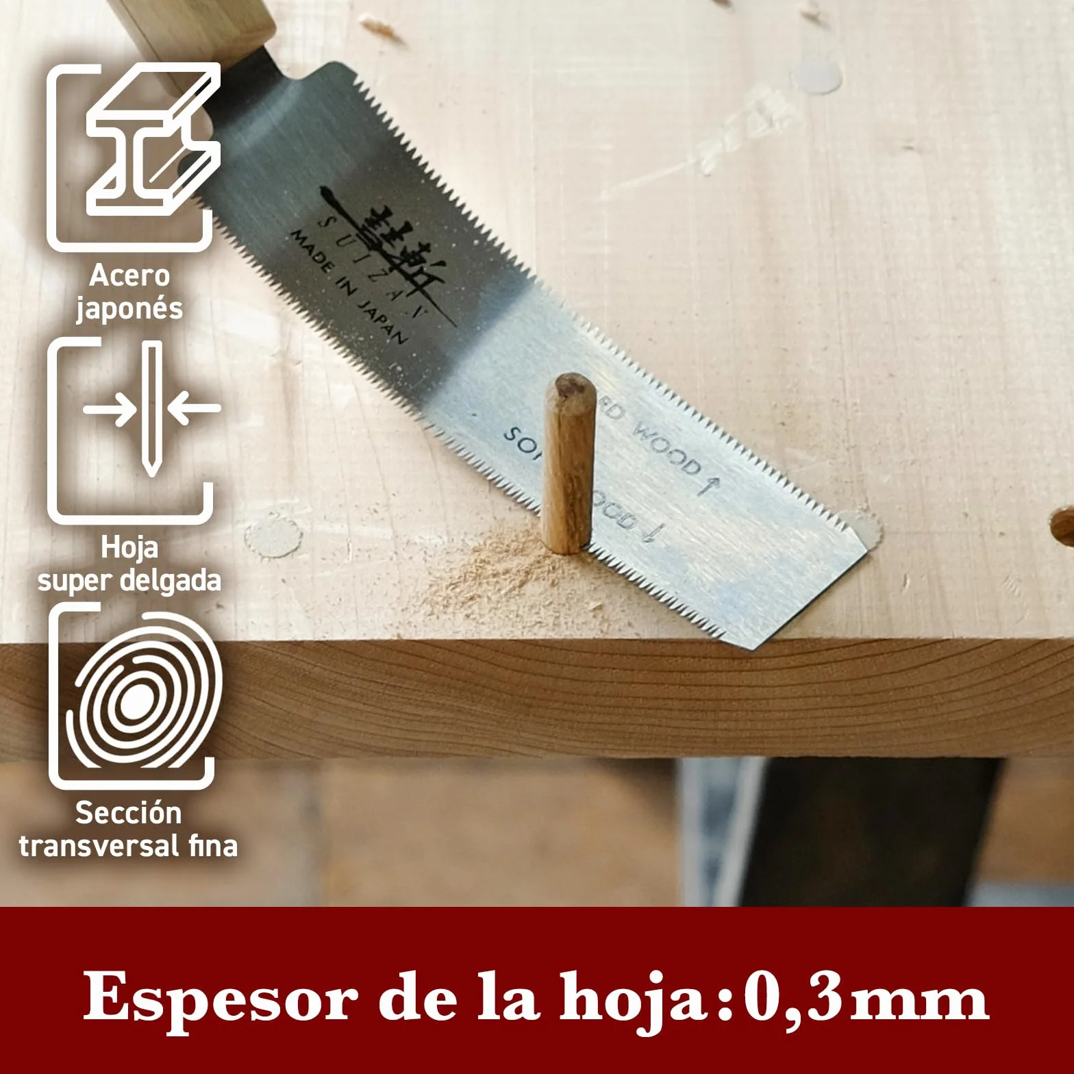 SUIZAN Sierra japonesa de corte al ras 120mm - Ryoba Serrucho de mano doble filo profesional Herramientas carpinteria madera