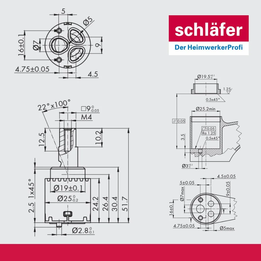 Schläfer 480039 | Cartucho de grifo mezclador de 25 mm, cartucho de repuesto de cerámica baja con 2 patas, para grifos mezcladores monomando de cocina, baño, ducha y bañera