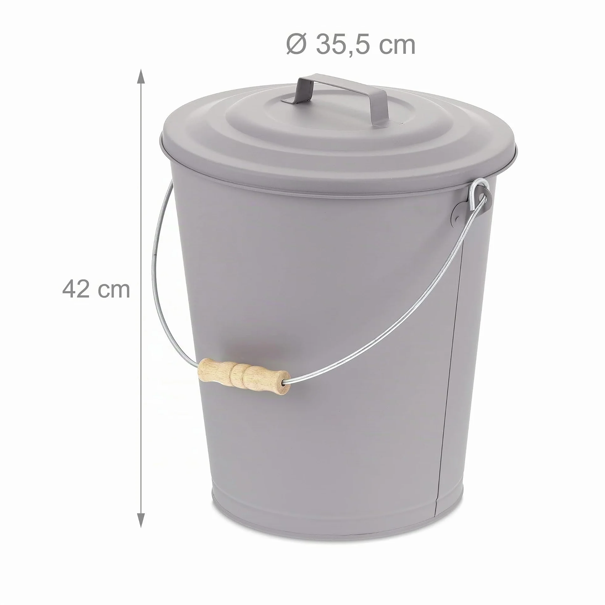 Relaxdays Cubo Cenizas con Tapa, 24 litros, Accesorio Chimenea, BBQ, Acero y Madera, Contenedor Ceniza con Asa, Gris