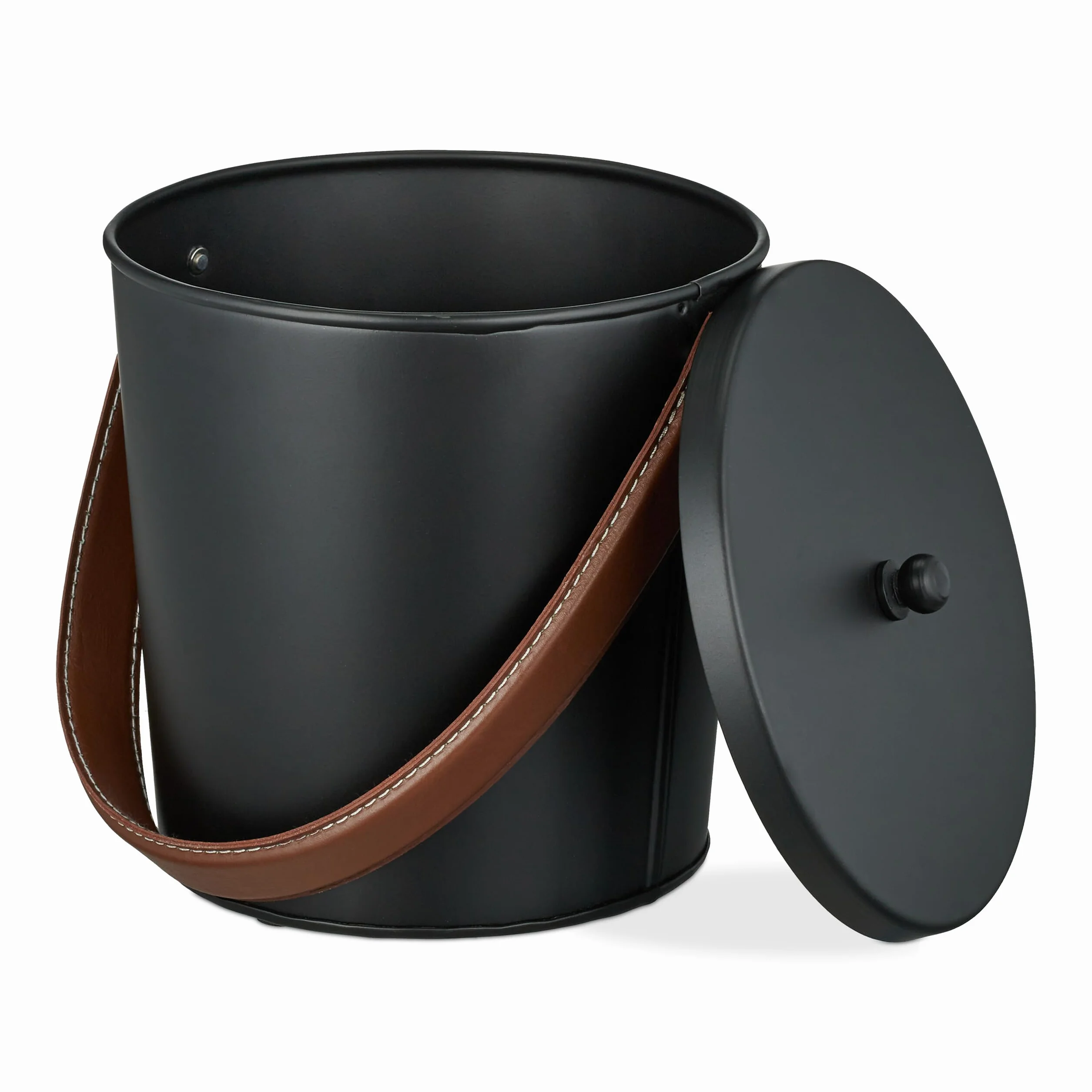 Relaxdays Cubo Cenizas con Tapa 4,5 L, Recipiente con Asa de Cuero, para Carbón y Restos de Leña, Estufa, Negro/Marrón