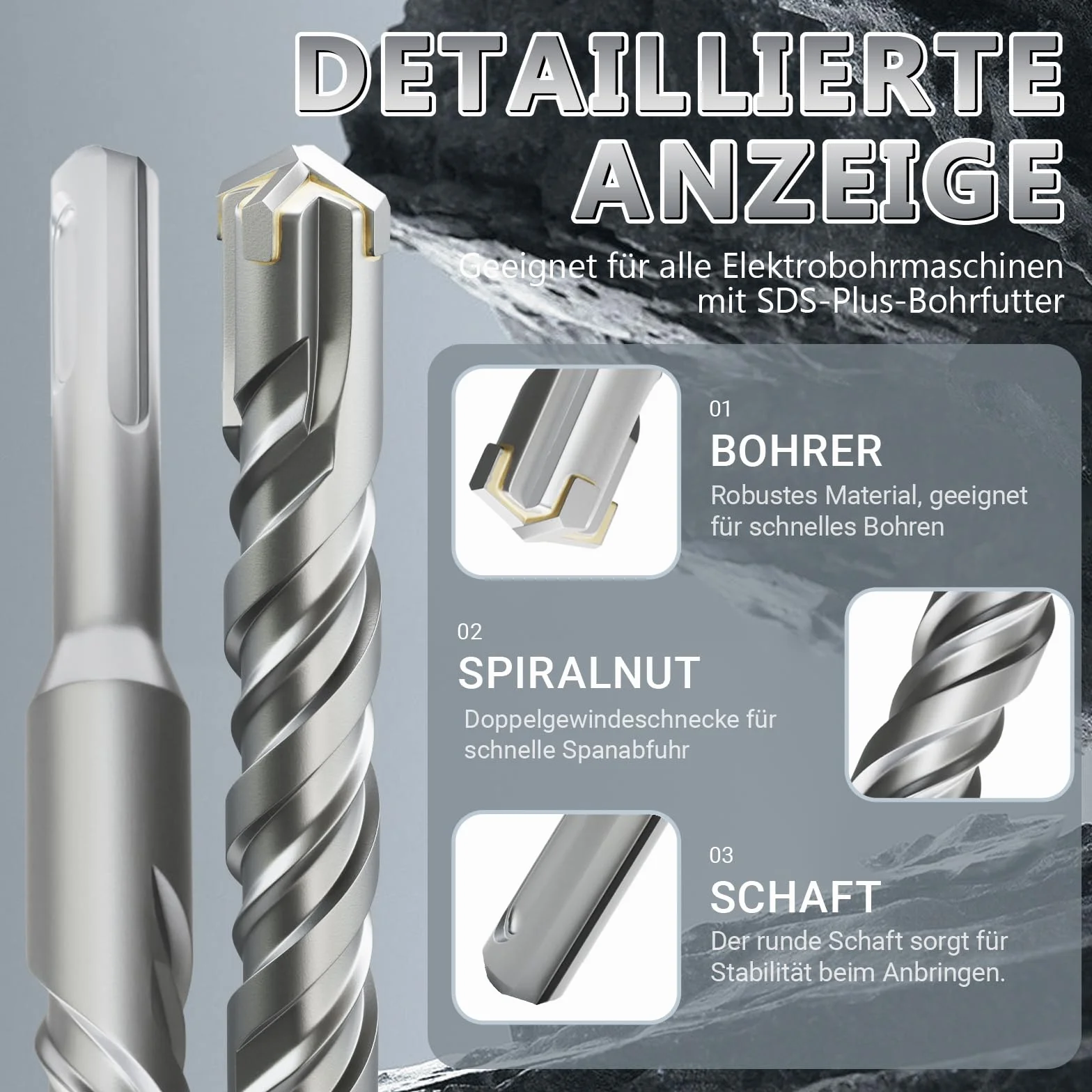 Juego de brocas SDS Plus de 12 mm × 460 mm, de metal duro profesional, para hormigón, mampostería y piedra, 3 piezas, duraderas y potentes