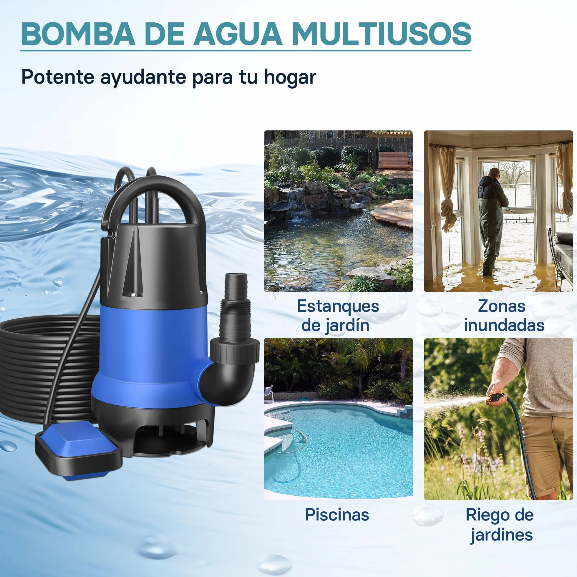 WilTec Bomba sumergible de Plástico para aguas sucias 400W 7500 litros/h Jardín Pozos Drenaje Bombeo agua Extracción agua