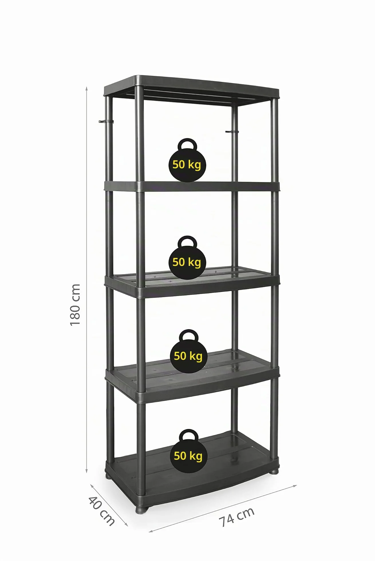 DRABEST - Estante de plástico - con 5 estantes - 180 cm de Alto, 74 cm de Ancho - de plástico Resistente - para sótano, Garaje, trastero, jardín - hasta 50 kg/Estante - Estante enchufable - Negro