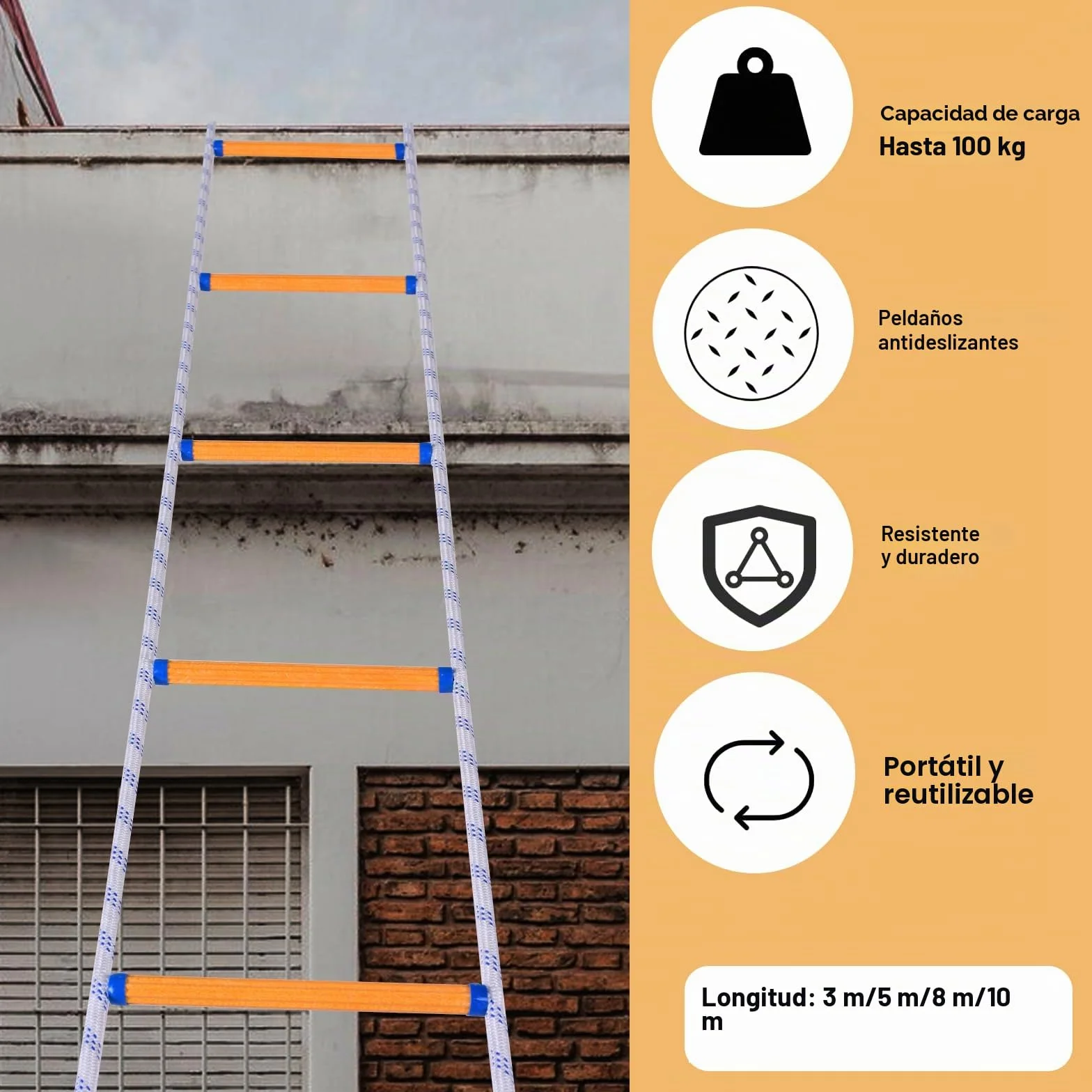 Escalera de Cuerda, Escaleras de Emergencia 3M Escalera de Cuerda de Seguridad Portátil Escalera Plegable con 2 Ganchos para Ventana Balcón y Barandilla para Niños Adultos (10 mm)