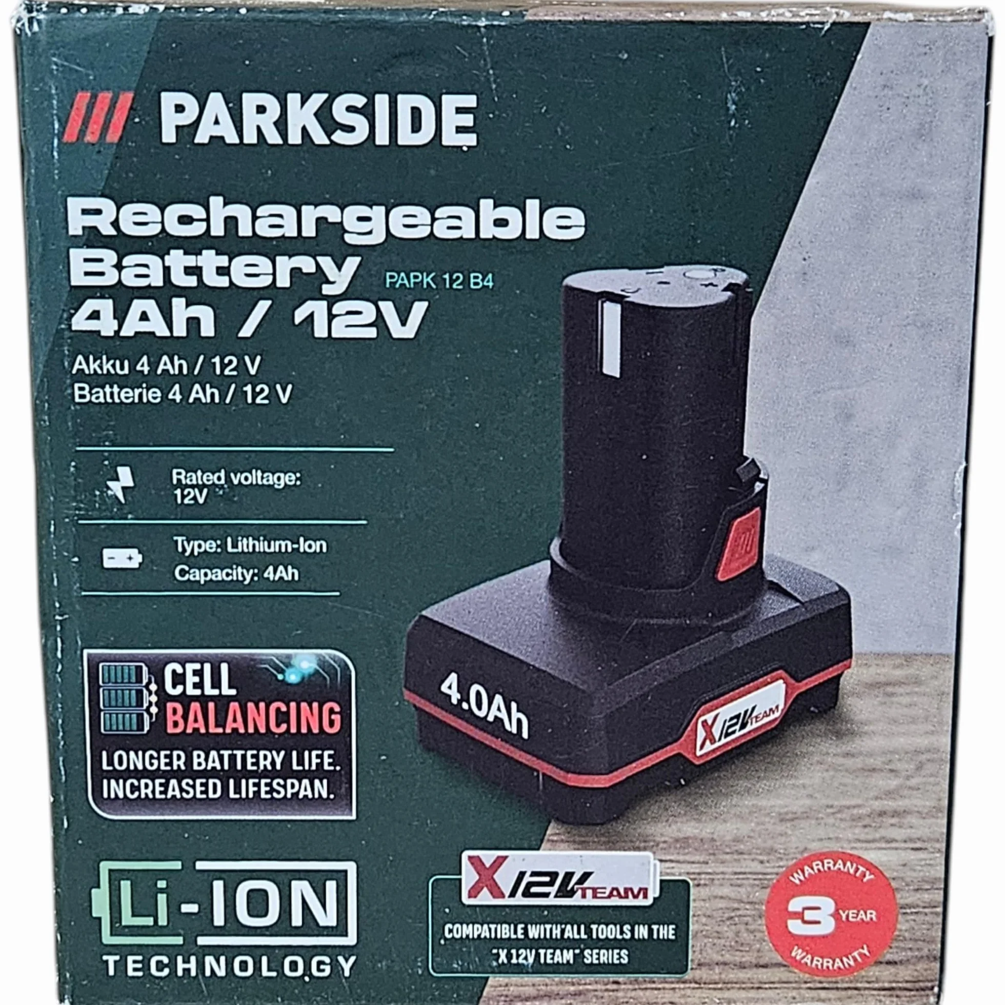 Parkside Battery PAPK 12 B3, 12 V, 4 Ah Battery Compatible with All Devices from The Parkside X 12V Team Series