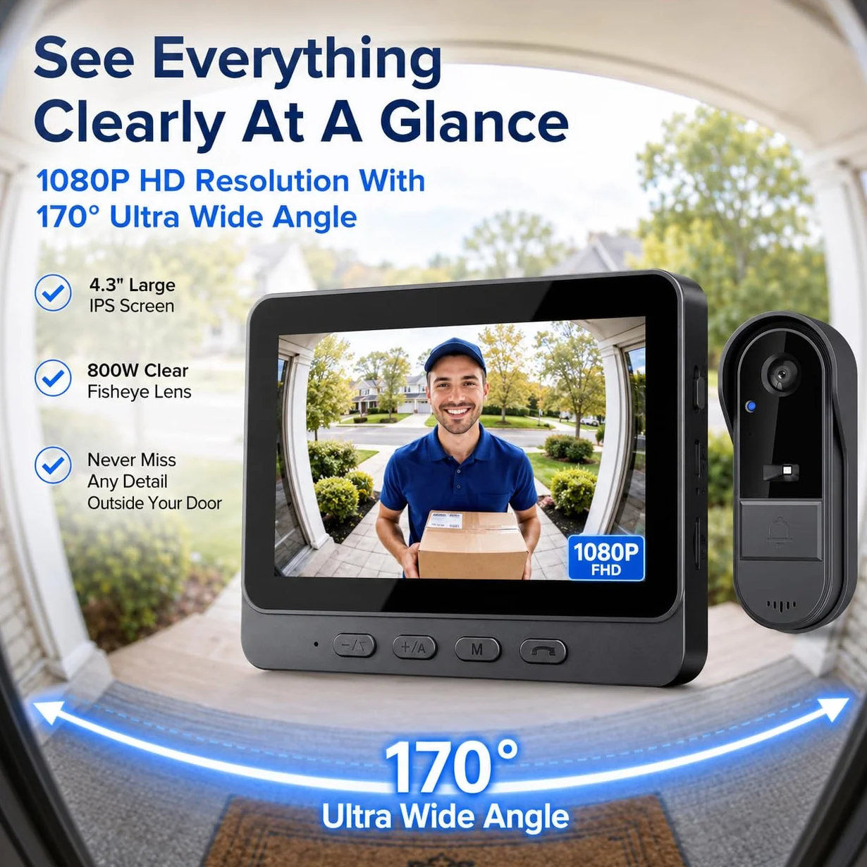 TKMARS Videoportero Inalámbrico con Cámara IP67 Impermeable 1080P Ultra Gran Angular 170° Pantalla IPS 4,3 Pulgadas