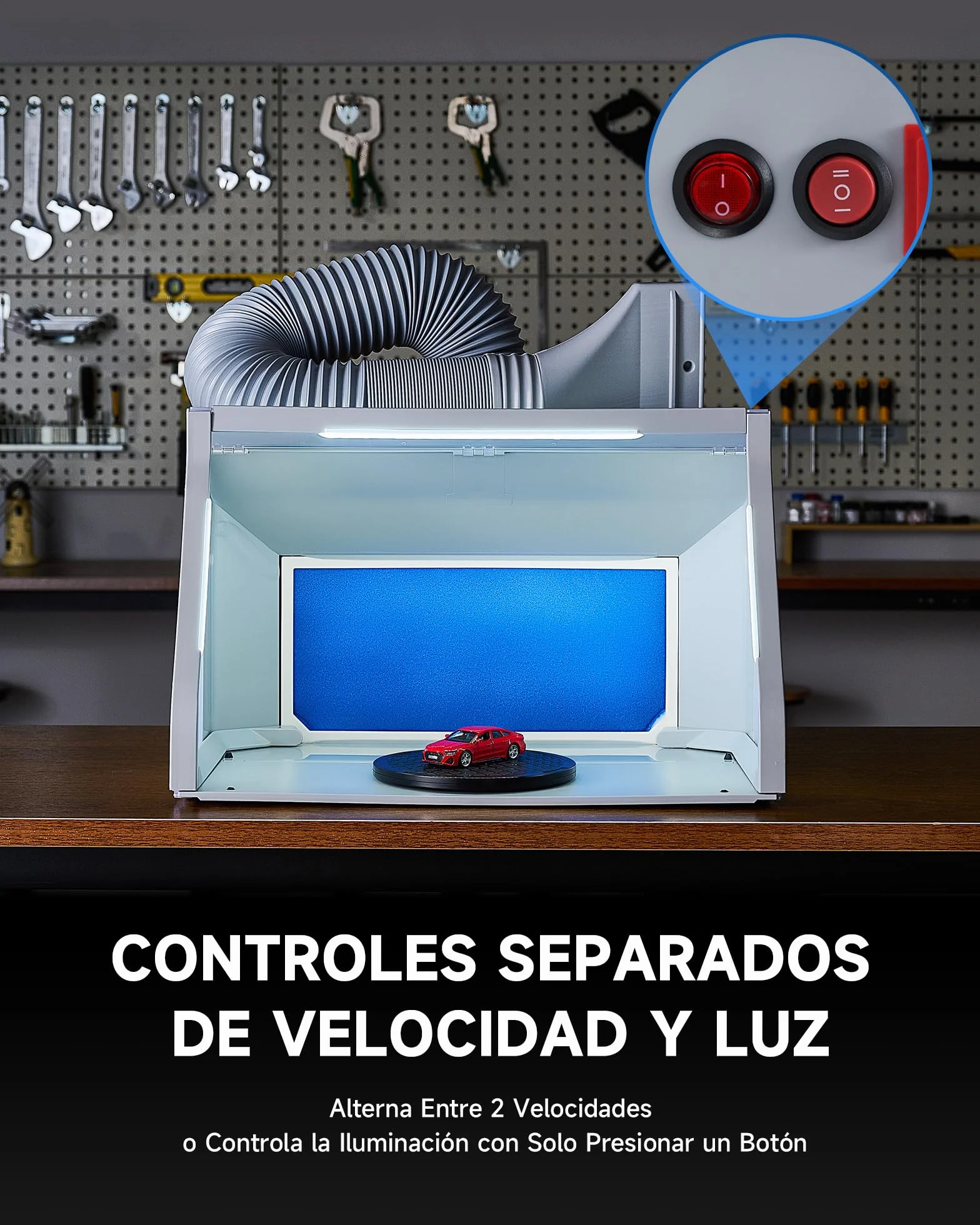 VONLUCE Cabina de Pintura Plegable con Aerógrafo Profesional, Ventilación Ajustable 4m³/min, 3 Luces LED, Plato Giratorio 19 cm Manguera 1,4 m para Modelos y DIY