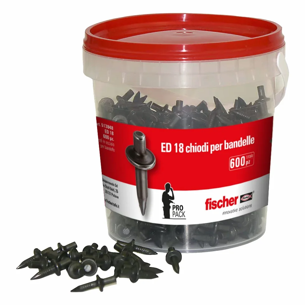 Fischer ED 18 Box, clavos de percusión, 600 unidades, ideal para fijar bandas y corchetes, fijación sin perforación. El bote incluye 600 clavos, 513848