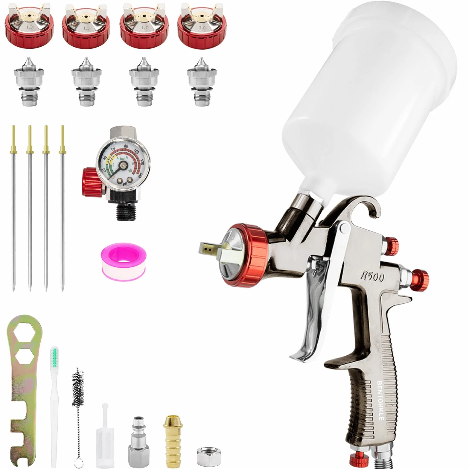 R500 LVLP Pistola de pulverización de aire, pistola de pulverización con 4 boquillas de 1,3/1,5/1,7/2,0 mm y regulador de aire, sistema de pulverización de color para coches y casa DIY (4 boquillas de