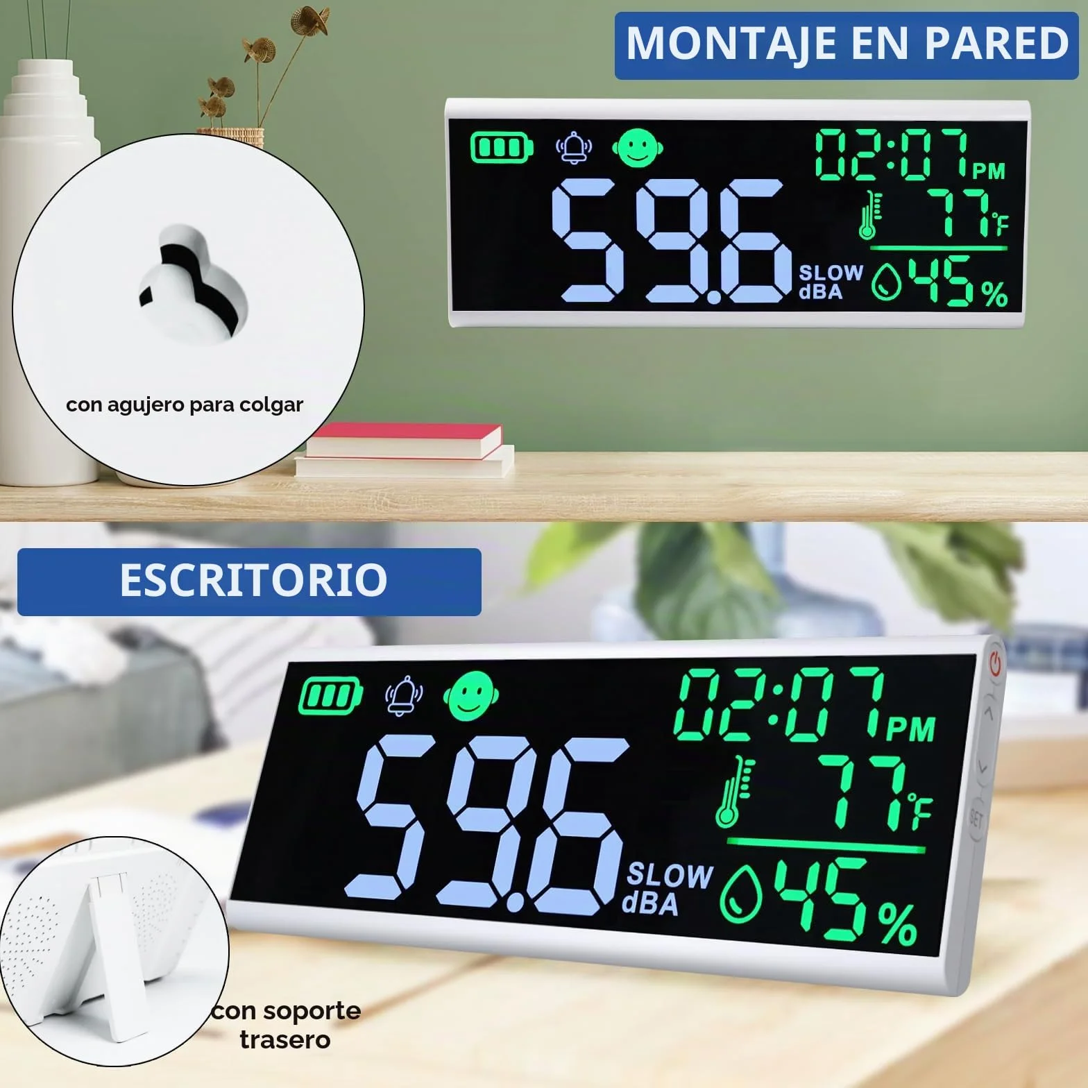 Medidor de decibelios 13 pulgadas, nivel de sonido LED para pared y mesa, alarma con zumbador