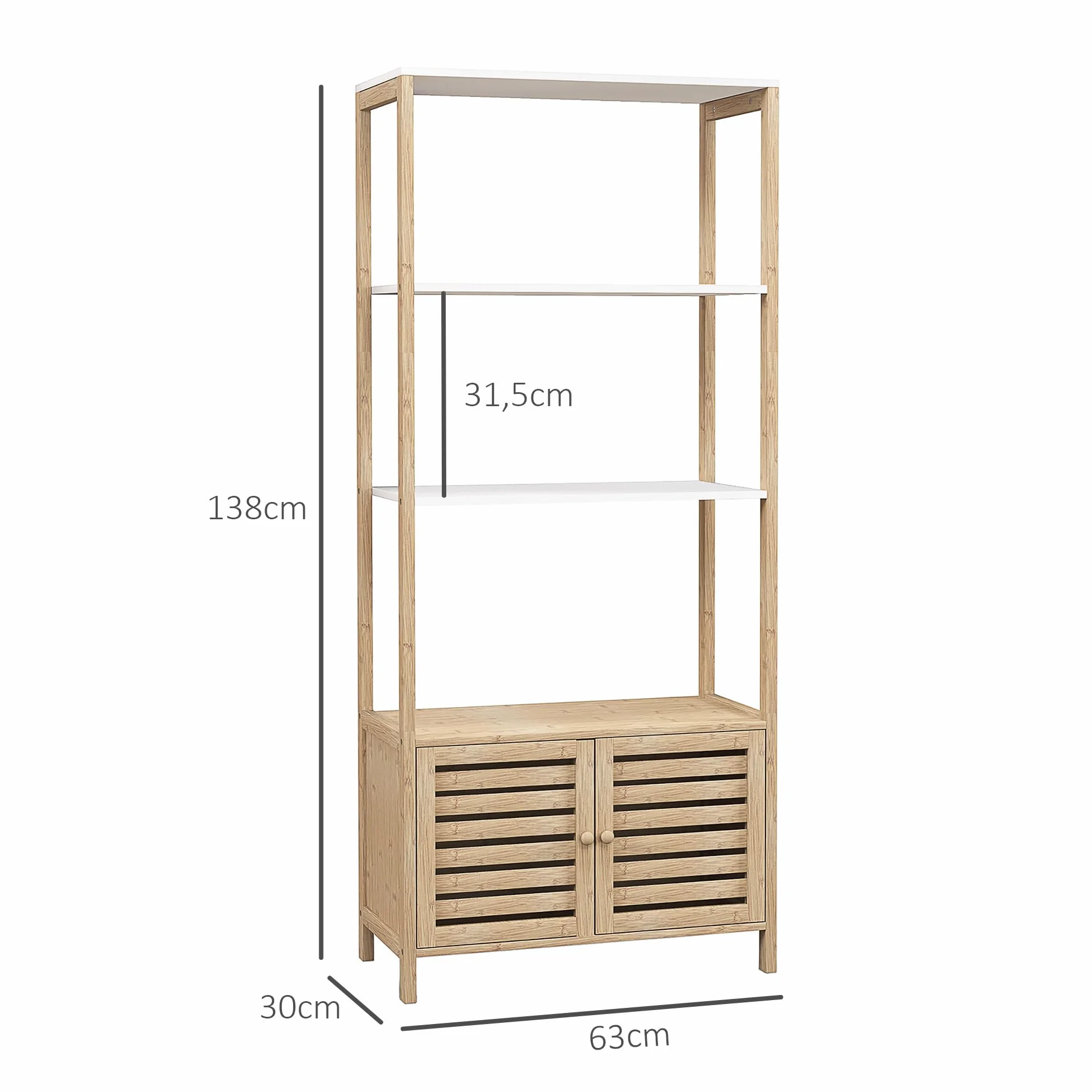 HOMCOM Estantería Baño Bambú 3 Estantes Abiertos Almacenaje Puertas Lamas 63x30x138 cm Natural Blanco