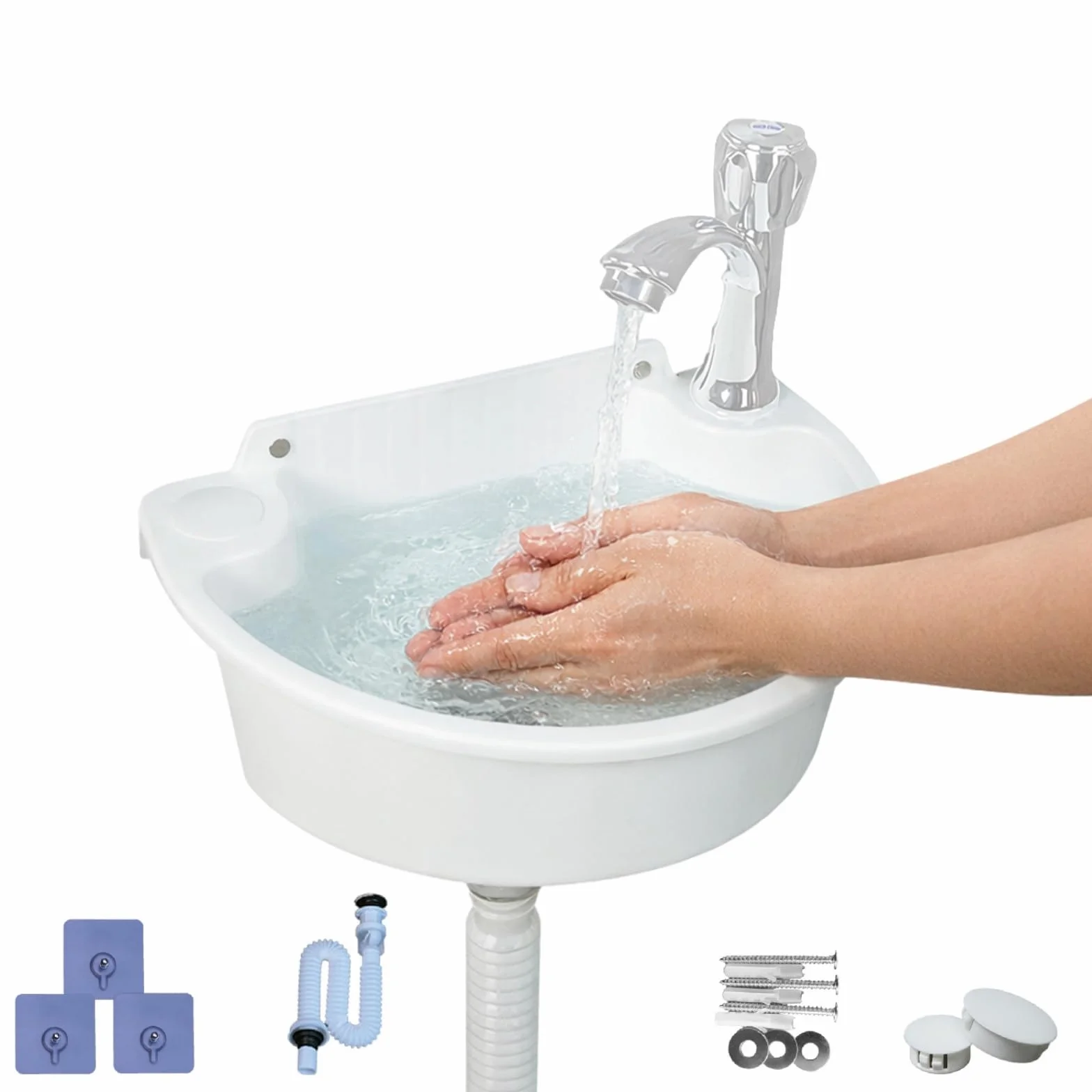 Fregadero de plástico, lavabo de camping con tubo de drenaje, paquete de tornillos, tacos y cubierta de orificios, fregadero semicircular curvado para inodoro, camping, caravanas, sótanos, jardines
