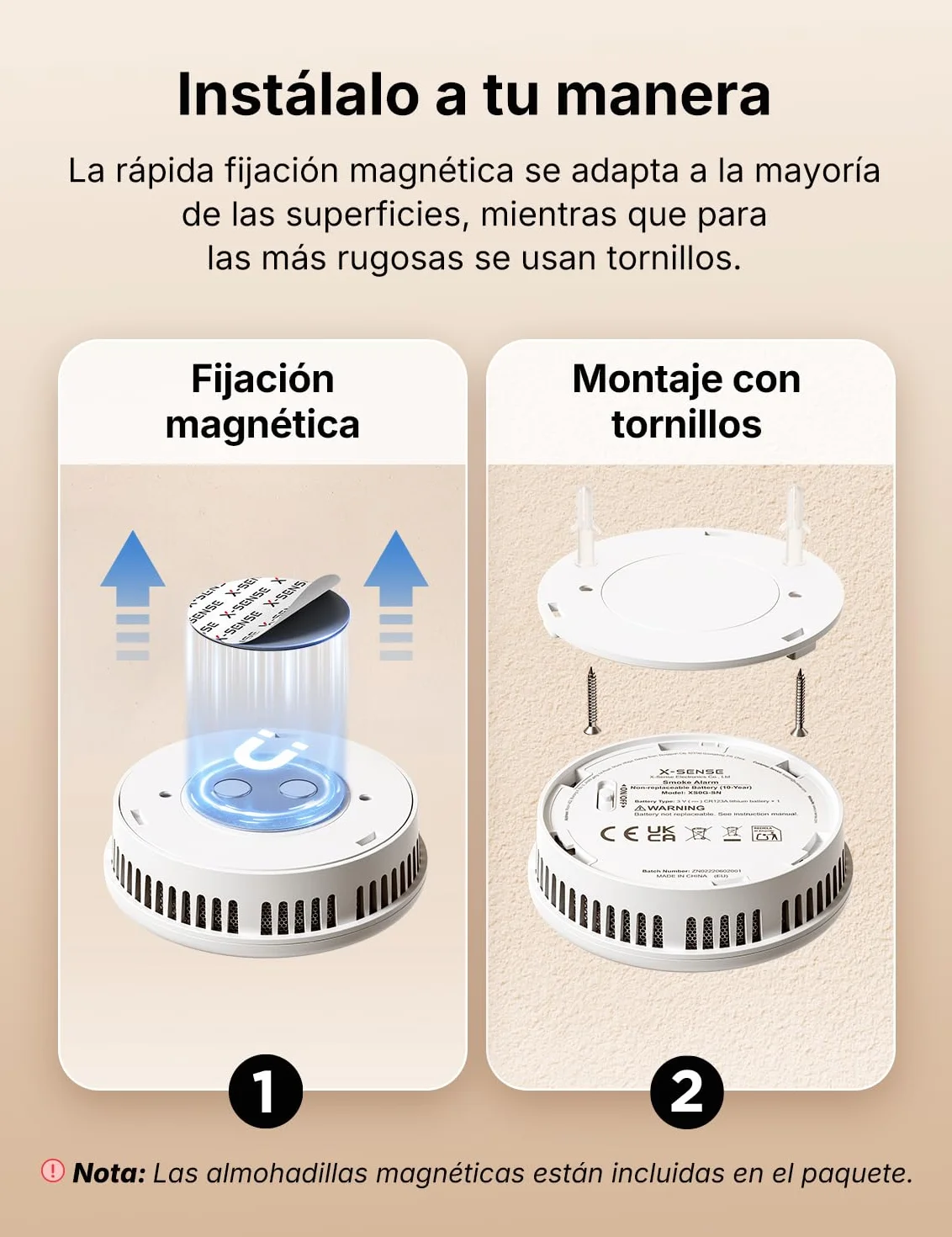 X-Sense Detector de humo con 10 años de vida útil de la batería, alarma de incendio magnética sin perforación, modo de espera sin parpadeo, ultrafino, botón de prueba/silencio, XS0G-SN, pack de 1